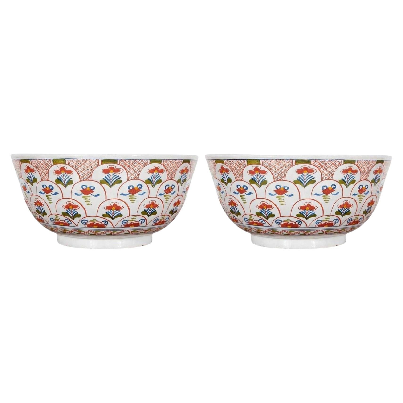 Rare Pair of 18th c. English Delft Polychrome Punch Bowls
