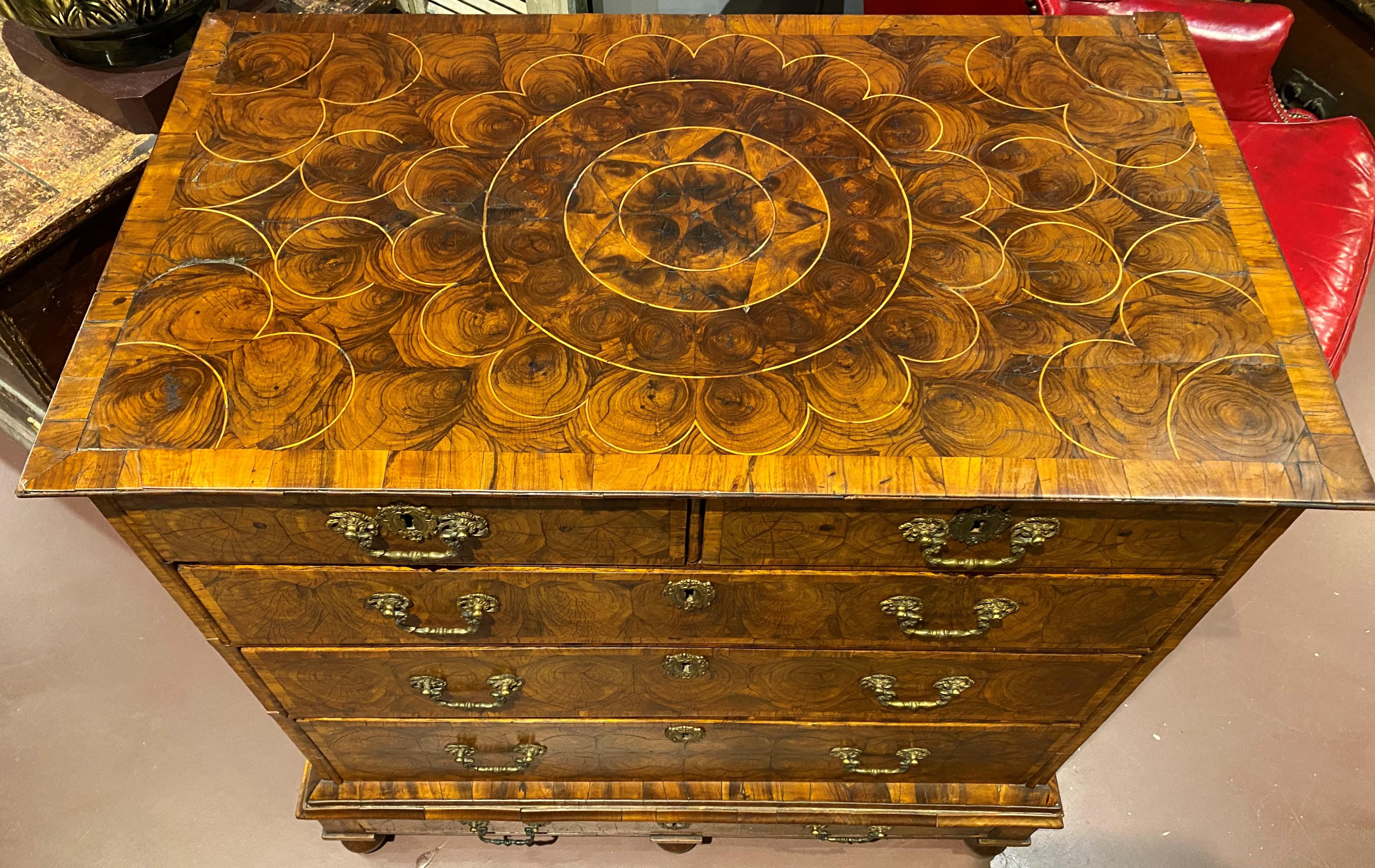 An exceptional English walnut chest of drawers with end grain veneers, the top decorated with a circular pattern of end grains and crossbanded border, surmounting a case with two fitted drawers over four graduated long drawers, with one additional