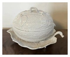 18th c. English George II Salt Glaze Pottery Melon Form Tureen and Leaf Stand