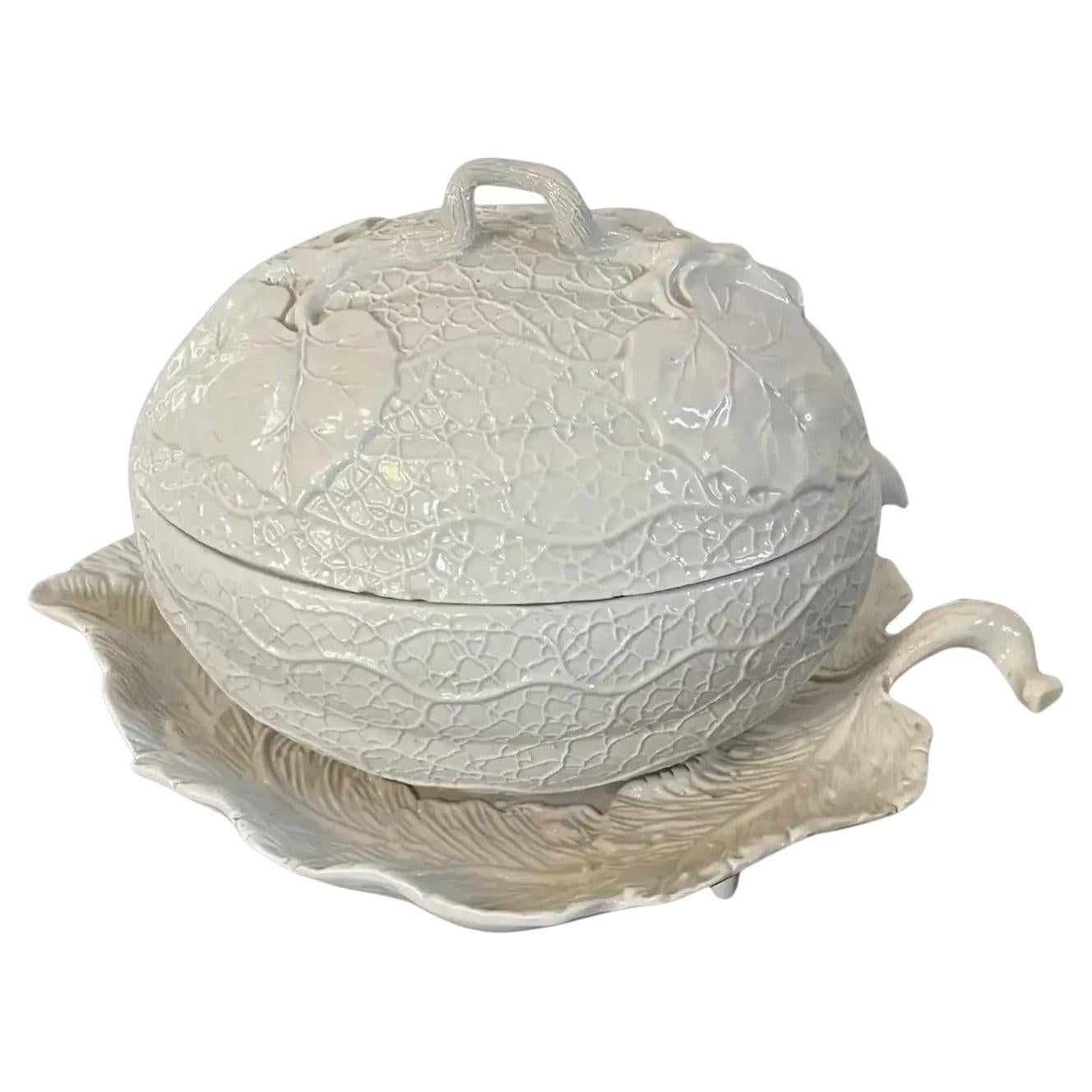 18th c. English George II Salt Glaze Pottery Melon Form Tureen and Leaf Stand