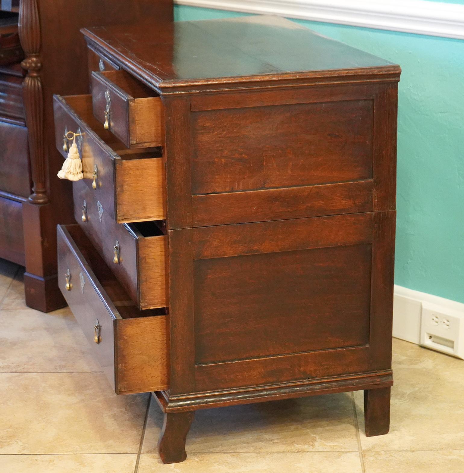 18th C. English Georgian Two Part Oak Chest of Drawers with Beautiful Brasses 4