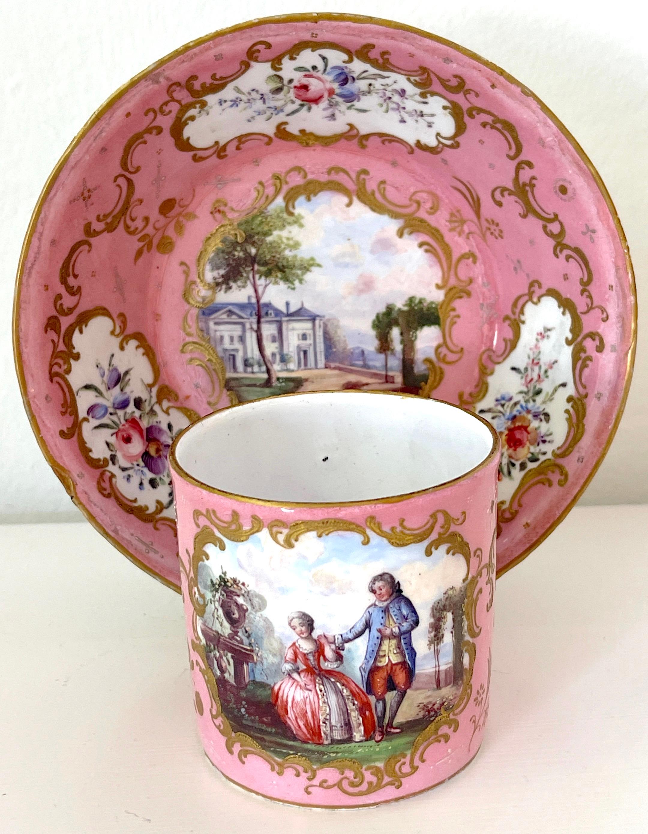 18th century English Rocco Battersea & Porcelain Companion Cup & Saucer, Unique
Both pieces made in England Mid 18th Century
The Cup attributed to the Chelsea or Bow Porcelain Works
The Saucer attributed to the Battersea enamel Works

The cup