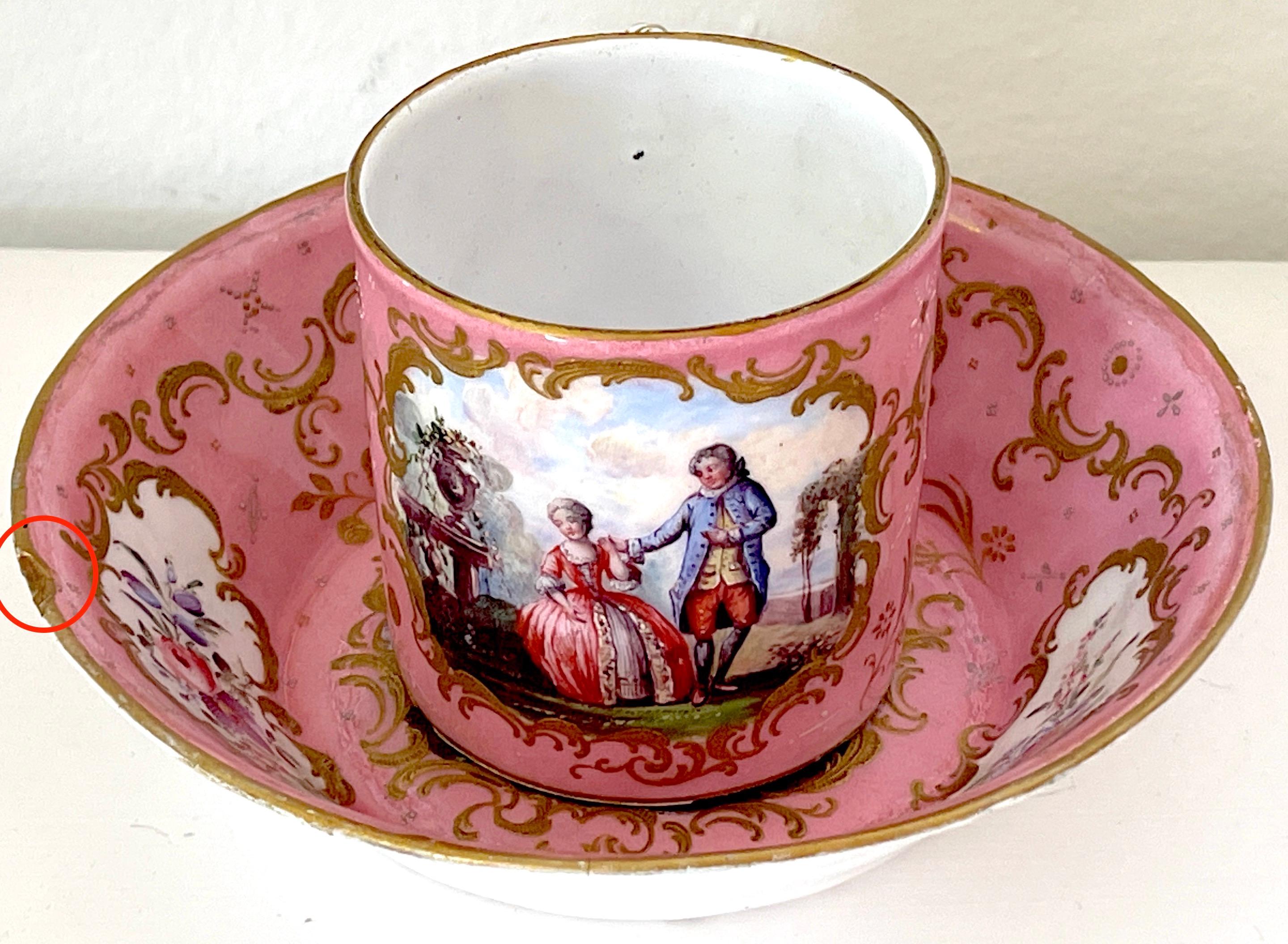 Enameled 18th C. English Rocco Battersea & Porcelain Companion Cup & Saucer, Unique For Sale