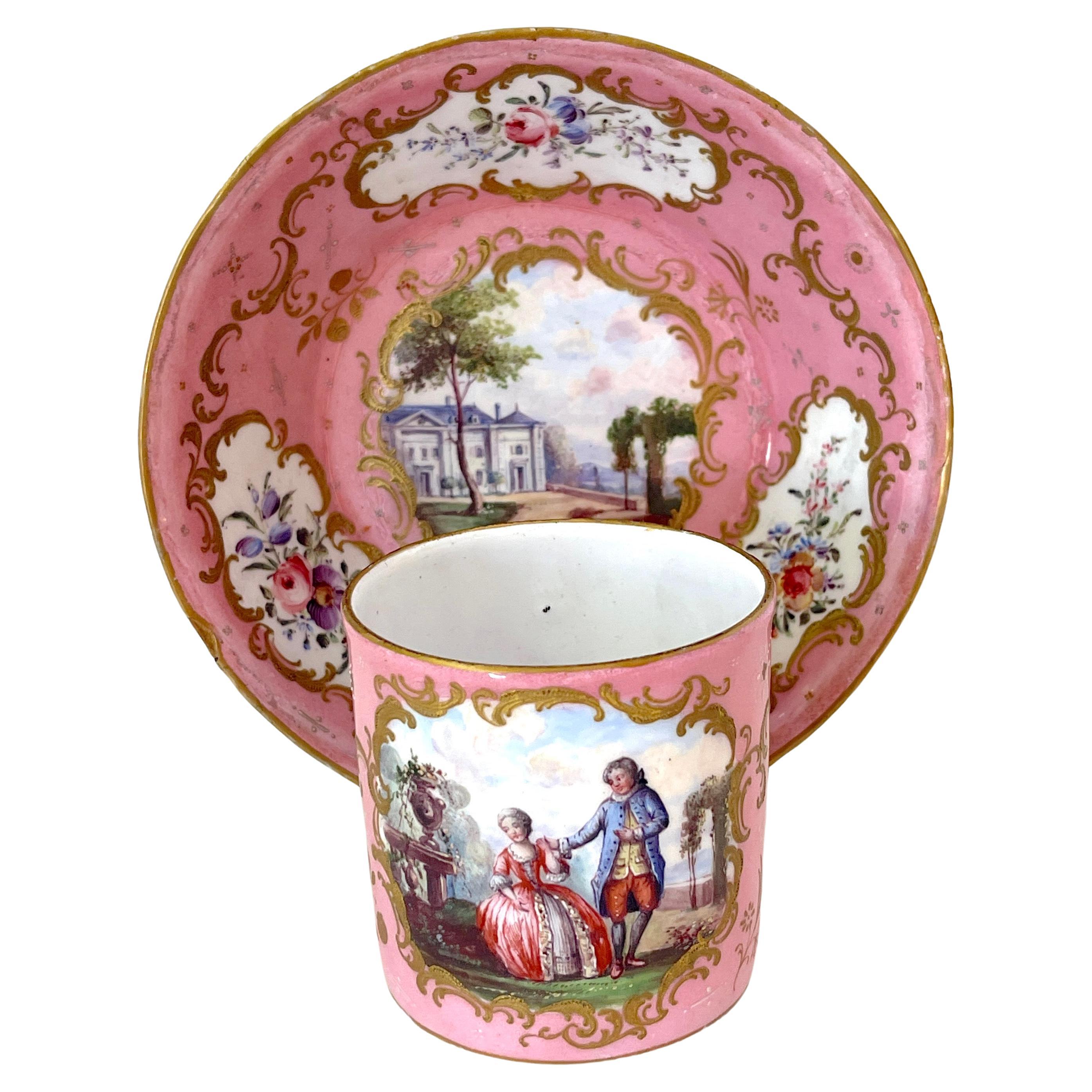 18th C. English Rocco Battersea & Porcelain Companion Cup & Saucer, Unique For Sale