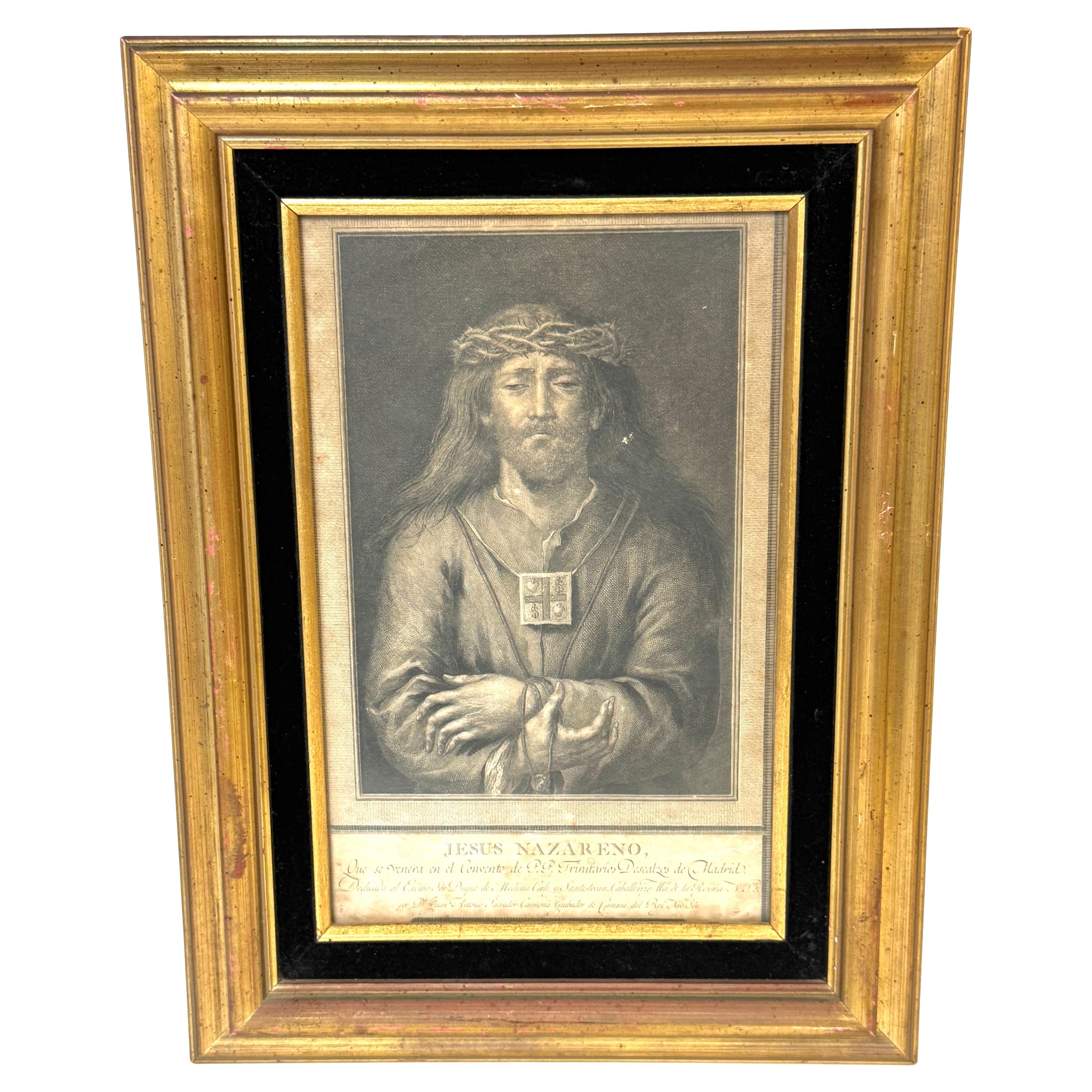 Gravure de Jesús Nazareno par Juan Antonio Salvador Carmona, Dedicated to the Duke of Medina Celi, Circa 1780-1795

Gravure dévotionnelle de la fin du XVIIIe siècle représentant Jesús Nazareno (Jésus le Nazaréen), puissante et finement exécutée,