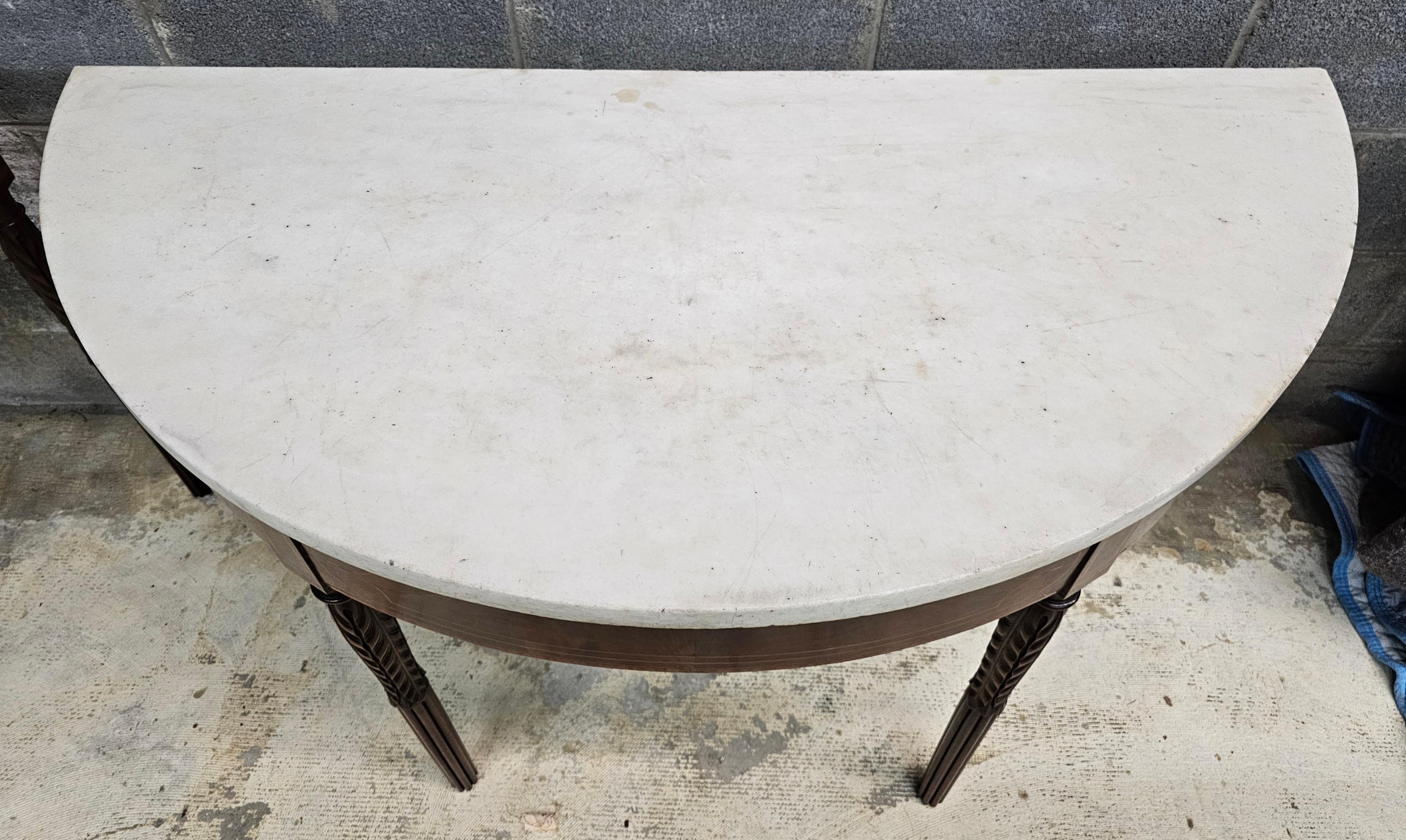 18th C Federal Satinwood Mahogany Carrara Marble Large Demilune Console Tables For Sale 4