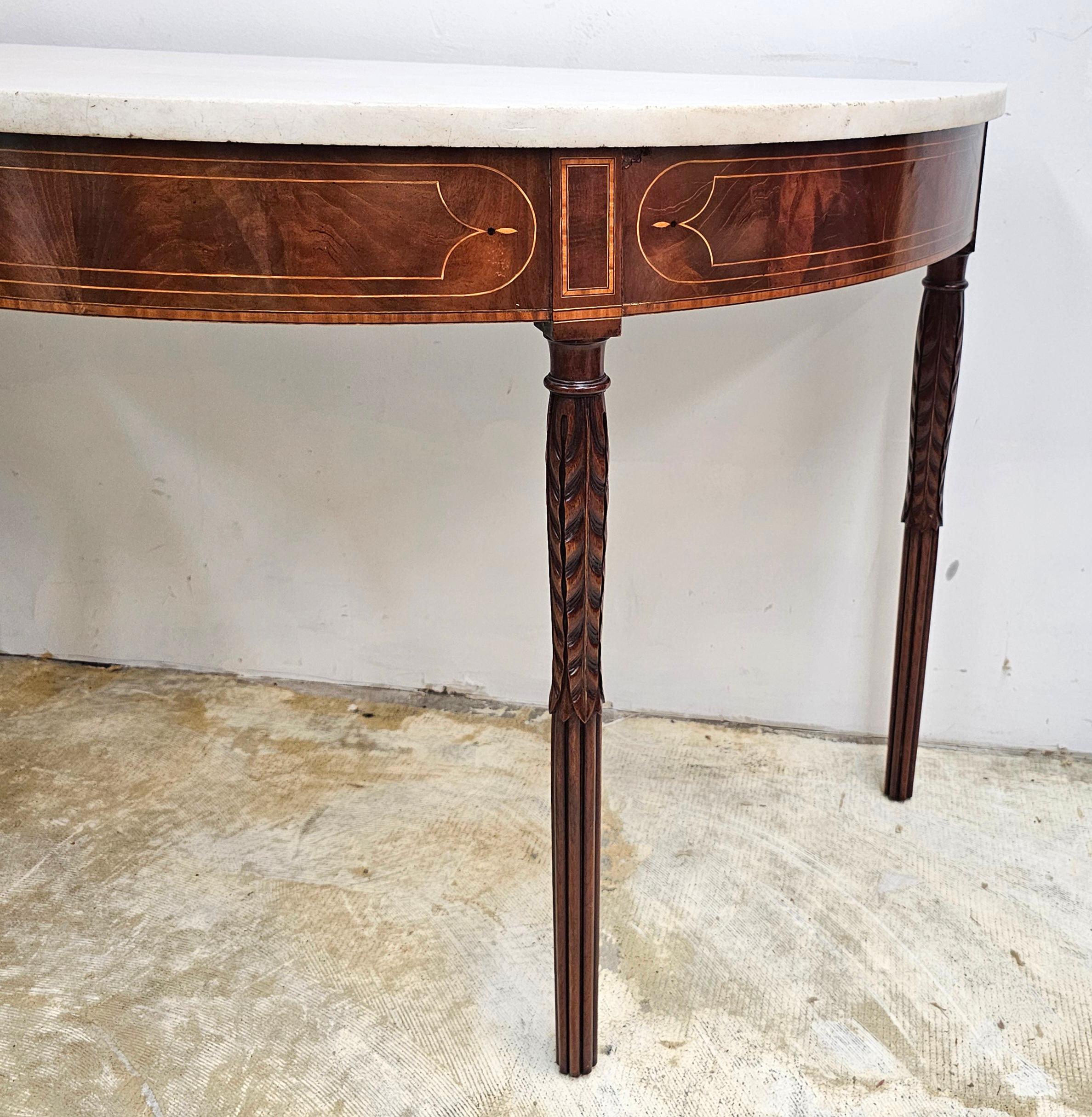 18th C Federal Satinwood Mahogany Carrara Marble Large Demilune Console Tables For Sale 5
