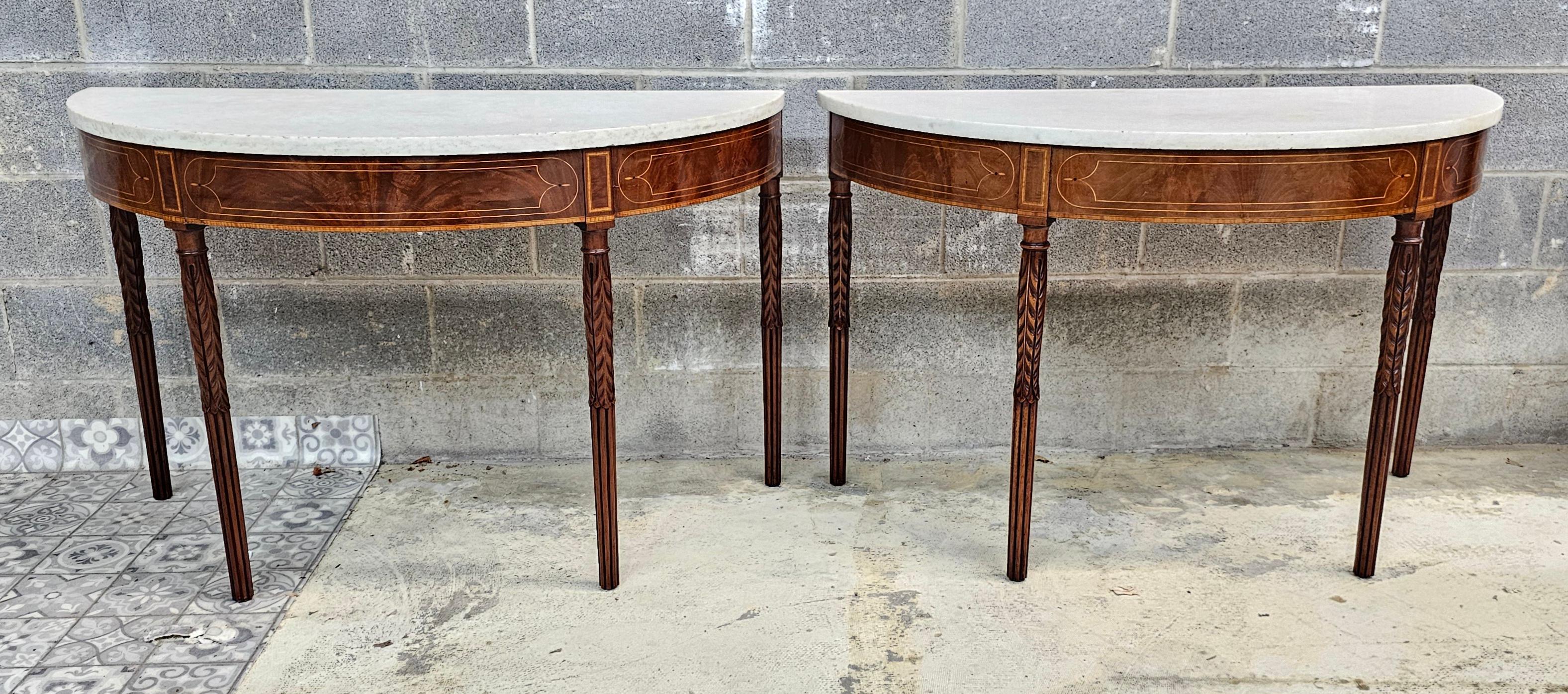 18th C Federal Satinwood Mahogany Carrara Marble Large Demilune Console Tables For Sale 6