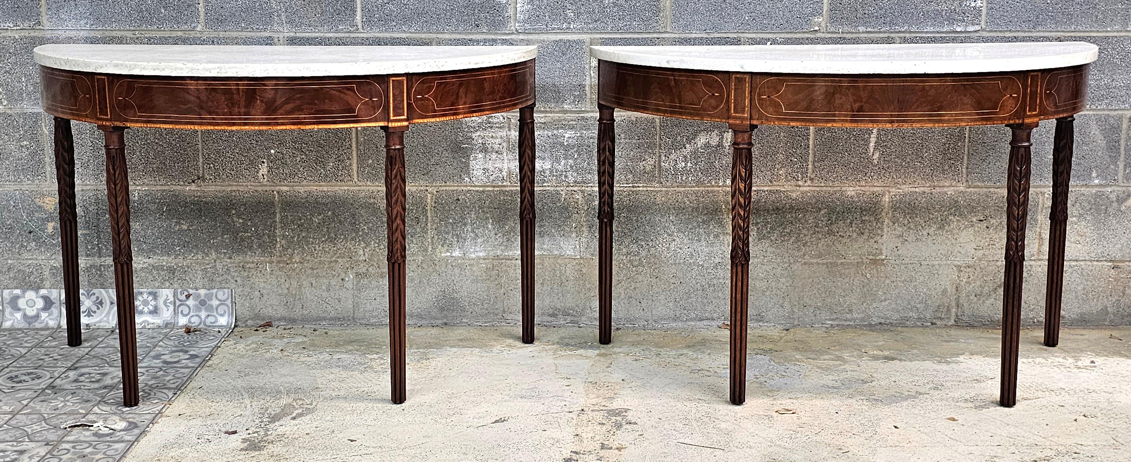 18th C Federal Satinwood Mahogany Carrara Marble Large Demilune Console Tables For Sale 7
