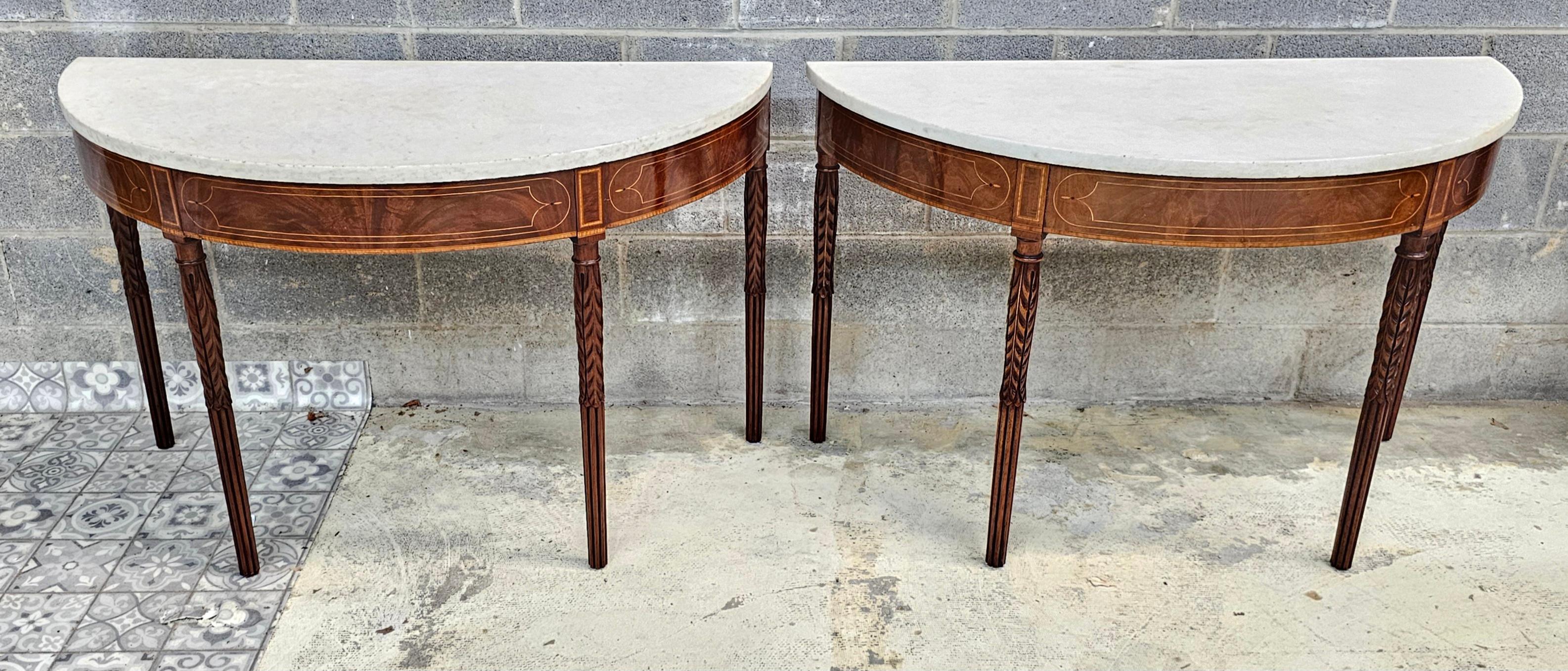 American 18th C Federal Satinwood Mahogany Carrara Marble Large Demilune Console Tables For Sale