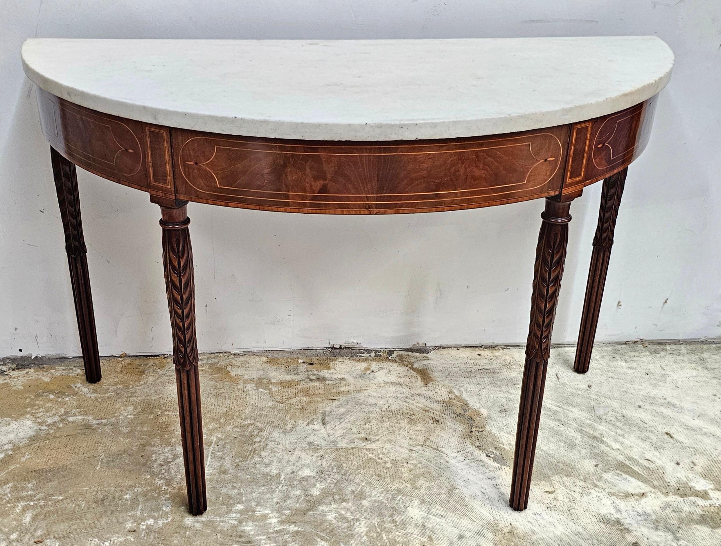Carved 18th C Federal Satinwood Mahogany Carrara Marble Large Demilune Console Tables For Sale