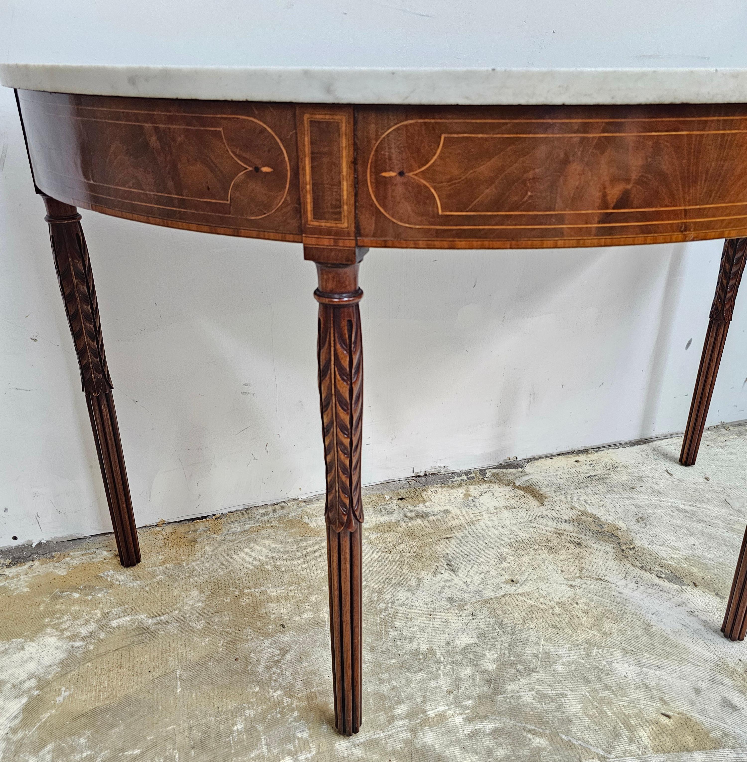 18th C Federal Satinwood Mahogany Carrara Marble Large Demilune Console Tables In Good Condition For Sale In Germantown, MD