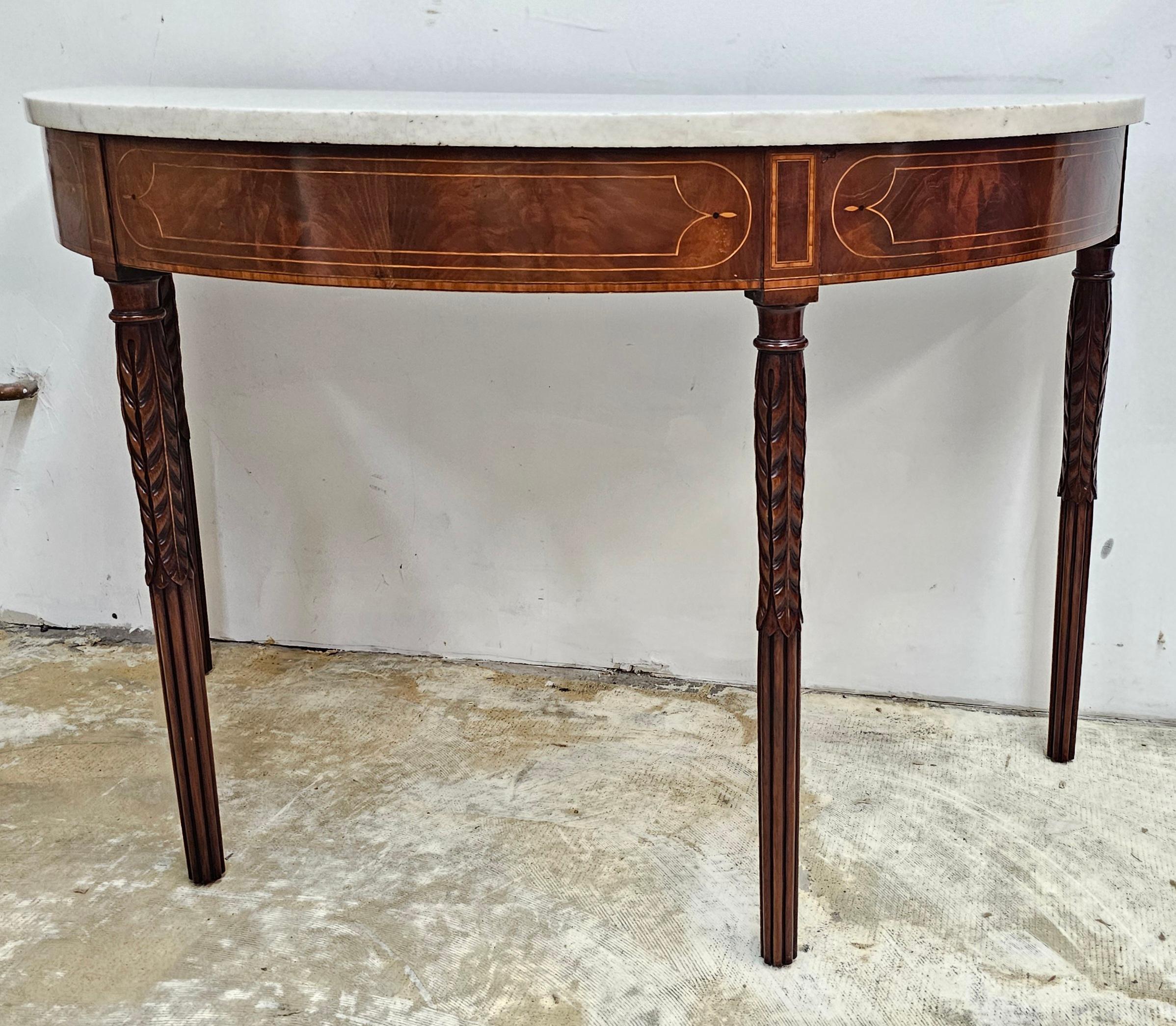 18th Century 18th C Federal Satinwood Mahogany Carrara Marble Large Demilune Console Tables For Sale