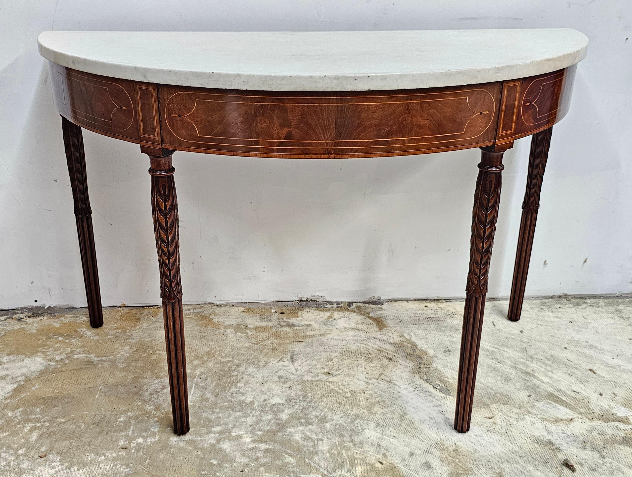 18th C Federal Satinwood Mahogany Carrara Marble Large Demilune Console Tables For Sale 1