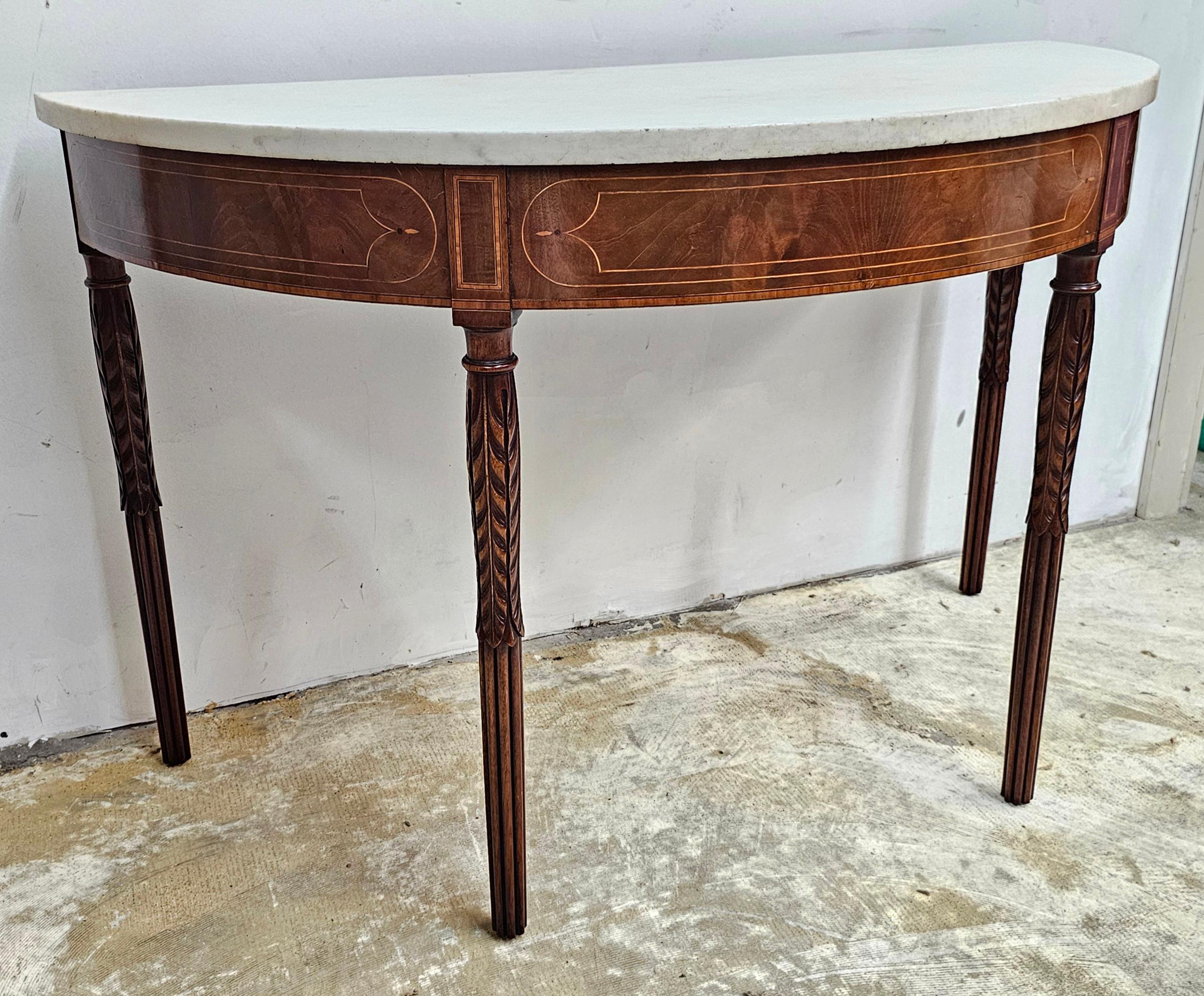 18th C Federal Satinwood Mahogany Carrara Marble Large Demilune Console Tables For Sale 2