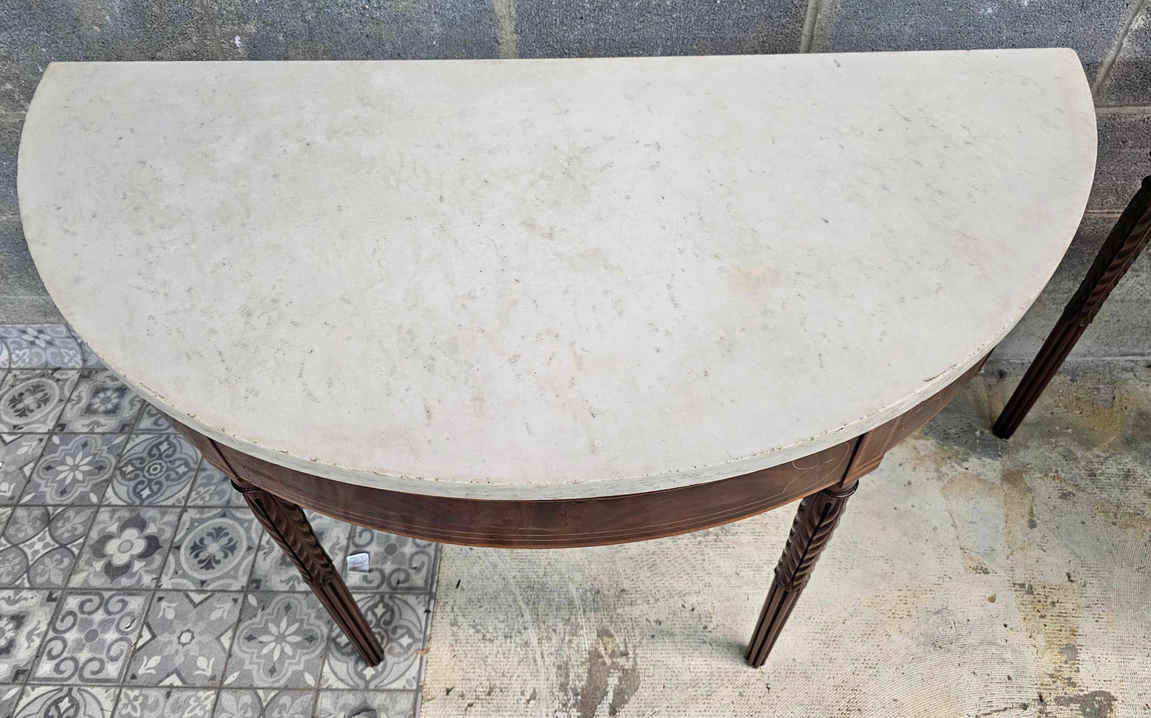 18th C Federal Satinwood Mahogany Carrara Marble Large Demilune Console Tables For Sale 3
