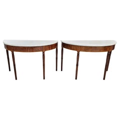 18th C Federal Satinwood Mahogany Carrara Marble Large Demilune Console Tables