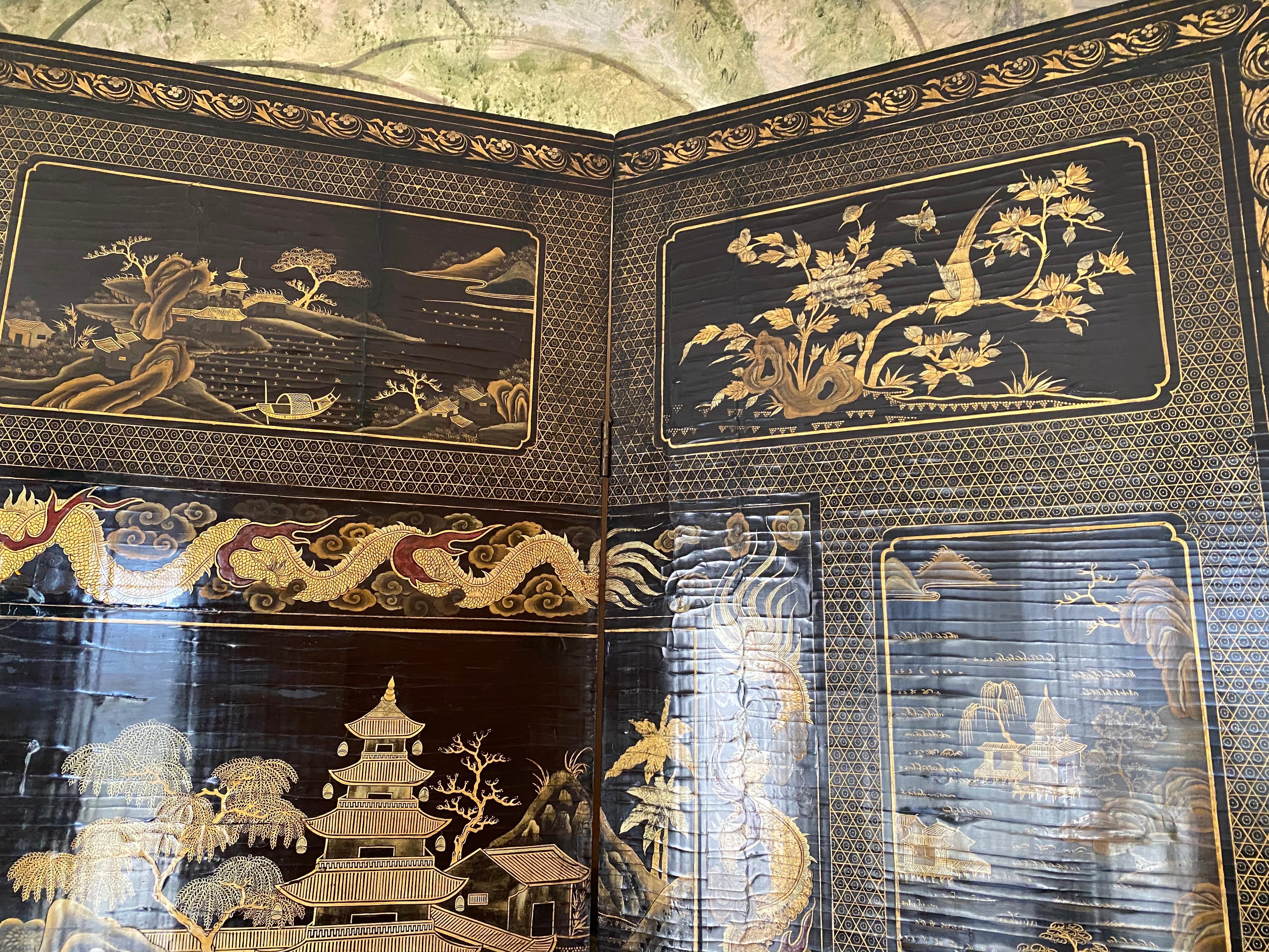 Fine Chinese Export Black and Gilt Lacquered Eight-Panel Folding Screen 5