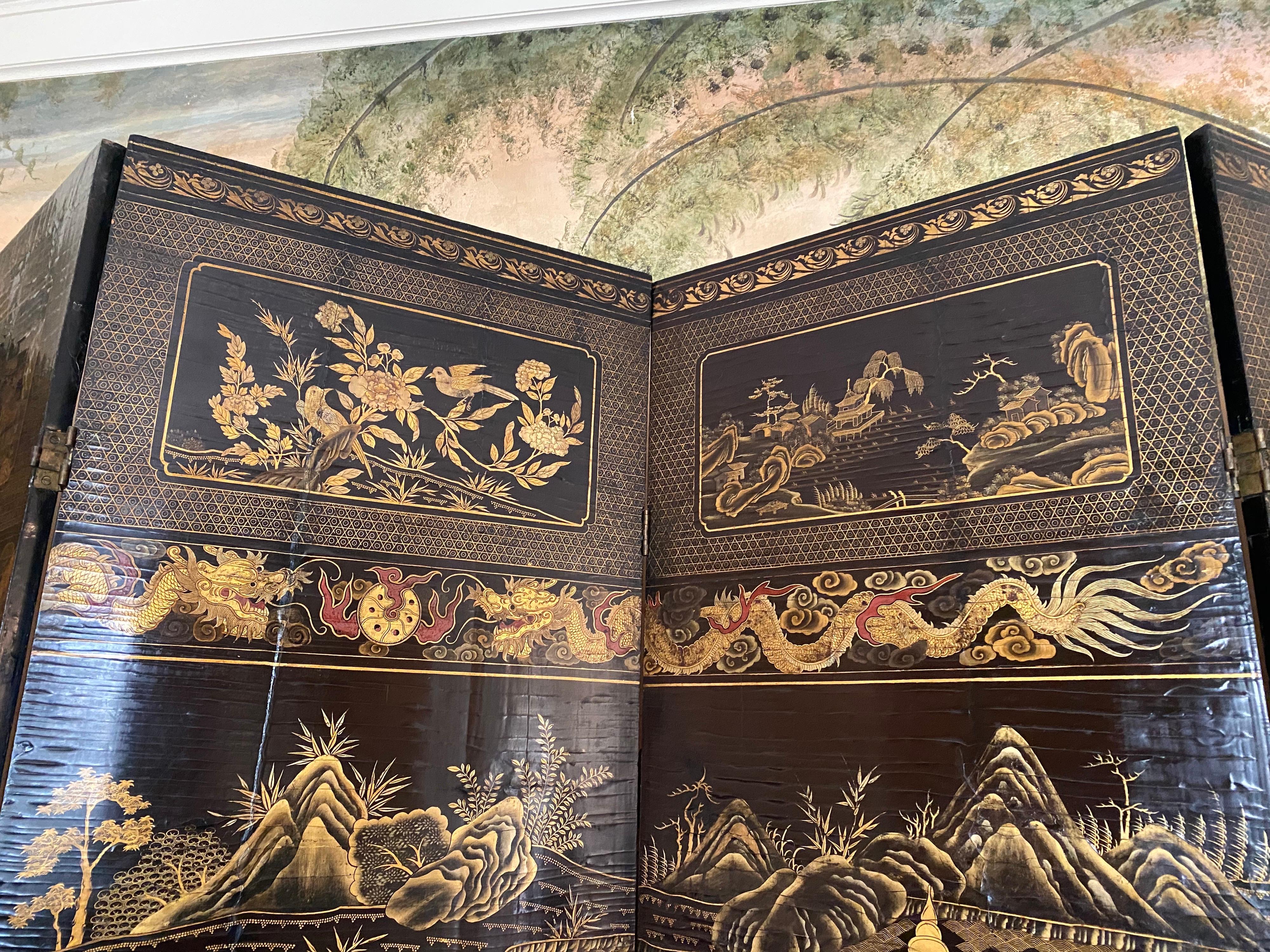 Fine Chinese Export Black and Gilt Lacquered Eight-Panel Folding Screen 7