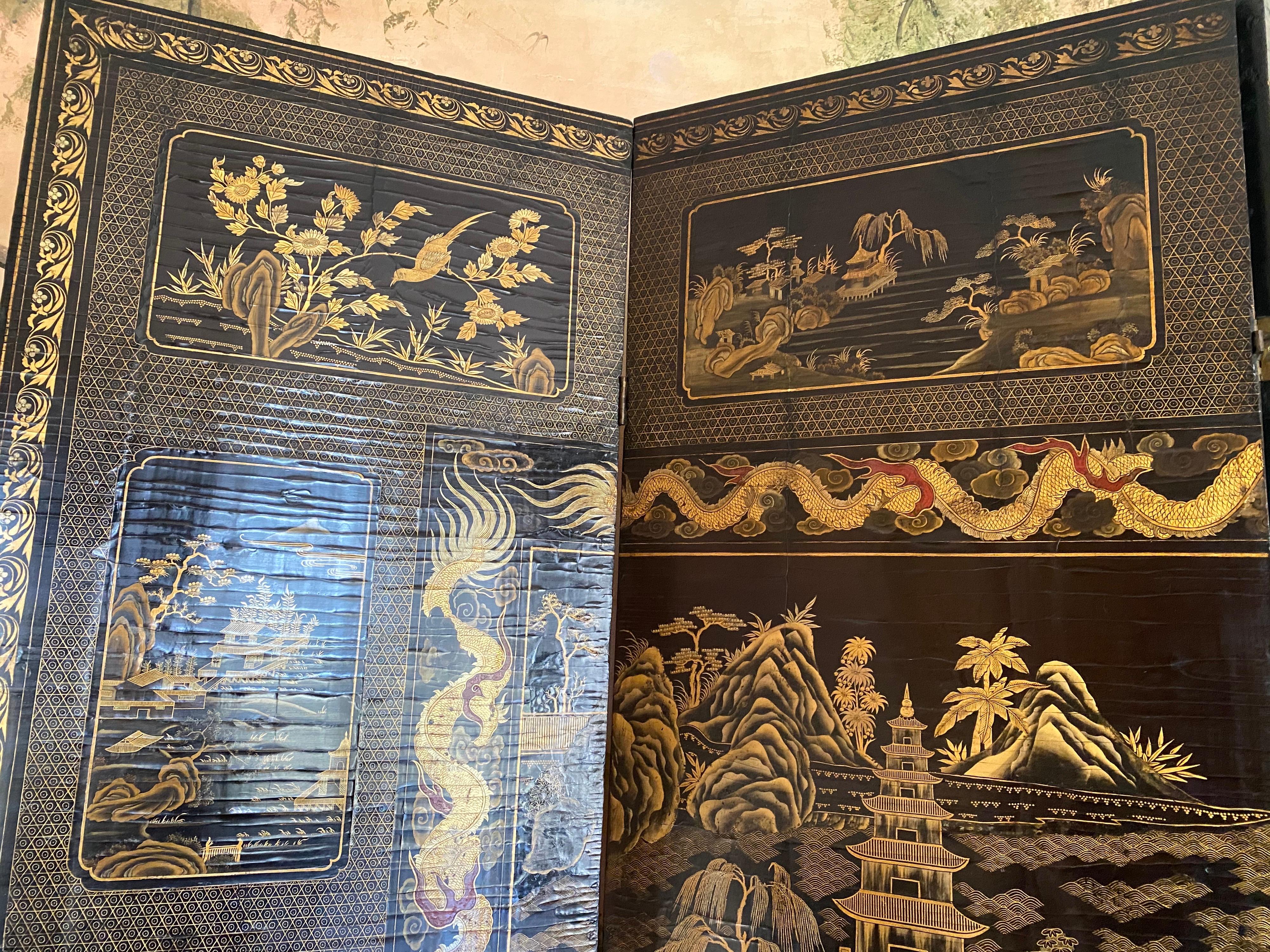 Fine Chinese Export Black and Gilt Lacquered Eight-Panel Folding Screen 8
