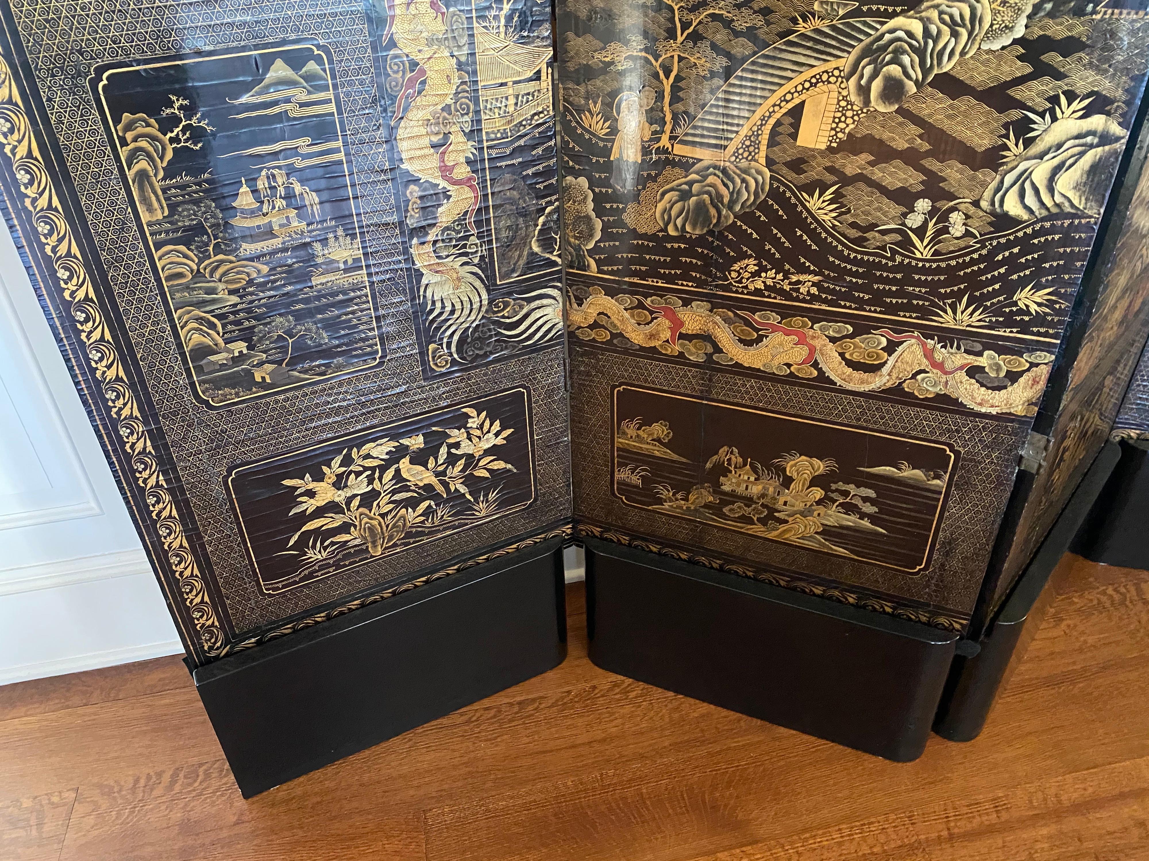 Fine Chinese Export Black and Gilt Lacquered Eight-Panel Folding Screen 9