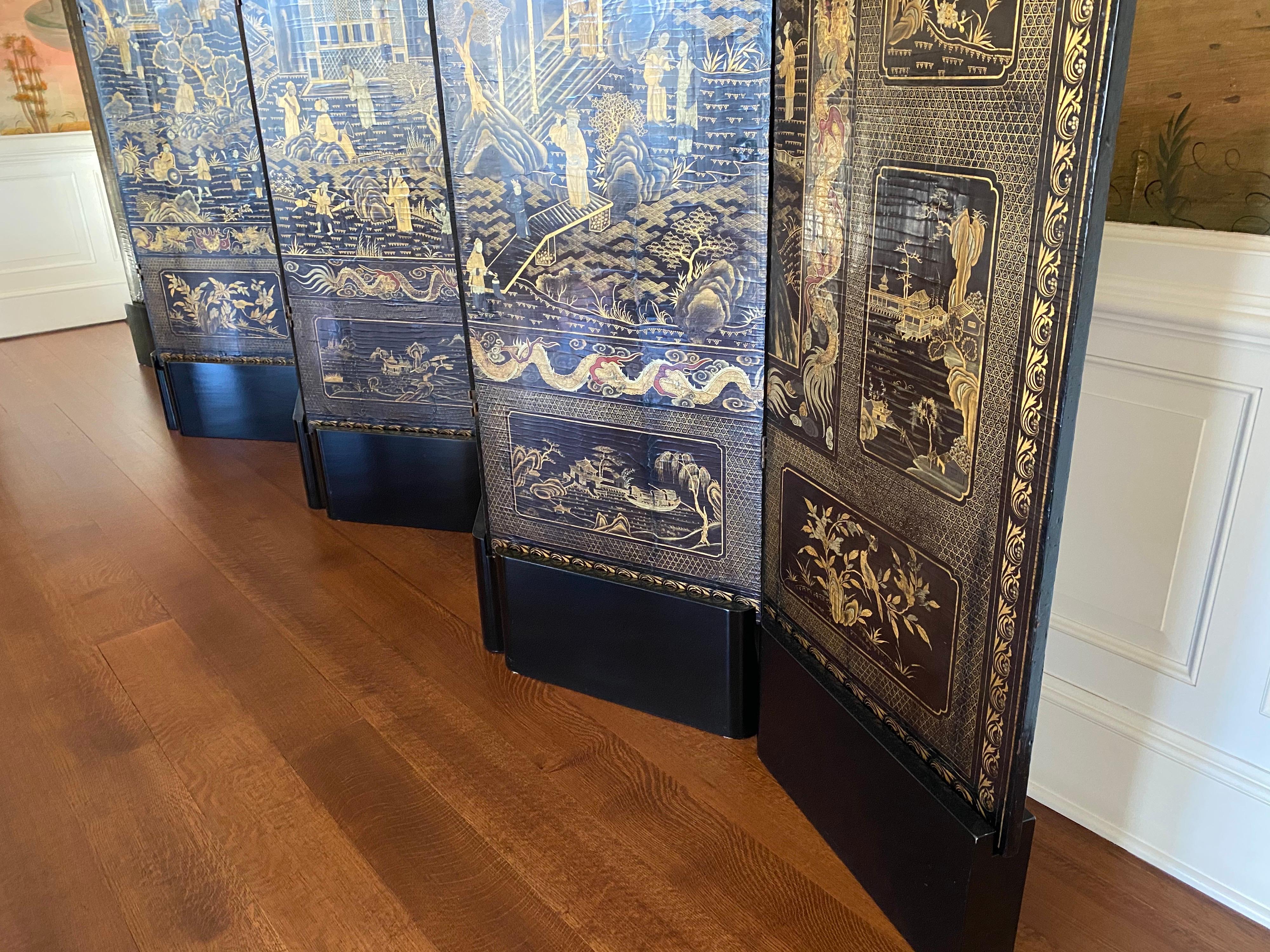 Fine Chinese Export Black and Gilt Lacquered Eight-Panel Folding Screen 10