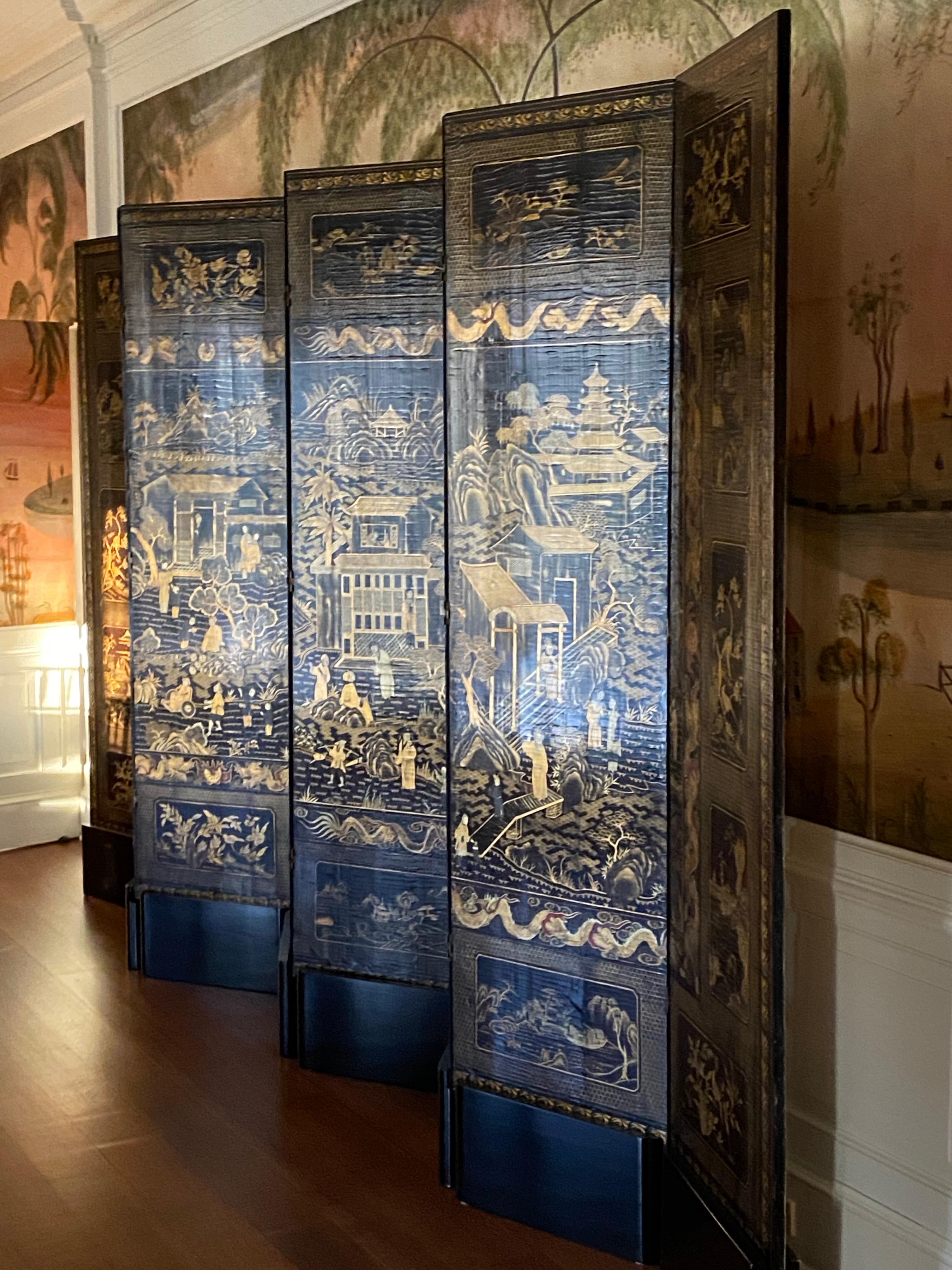Fine Chinese Export Black and Gilt Lacquered Eight-Panel Folding Screen 14