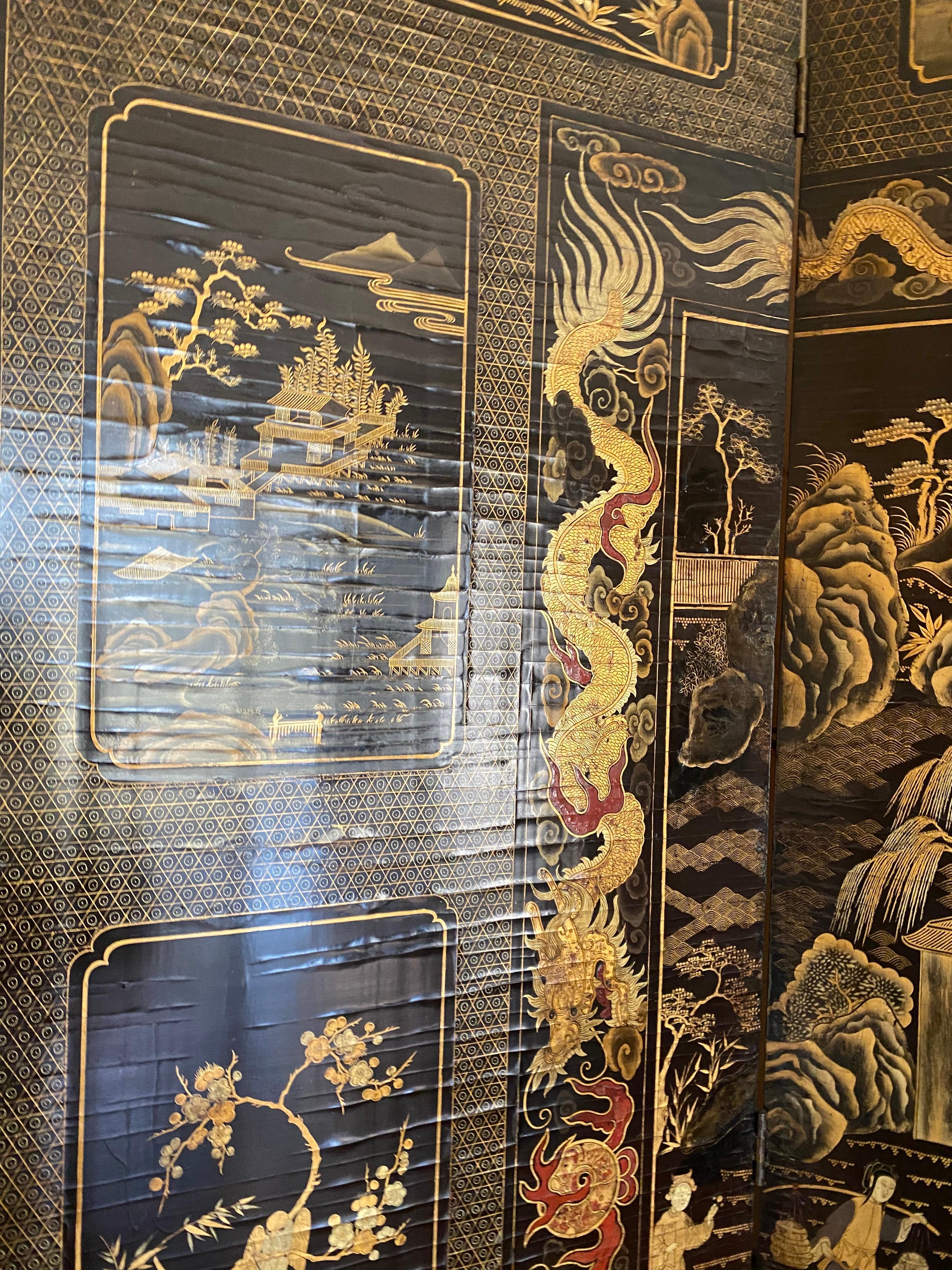 Fine Chinese Export Black and Gilt Lacquered Eight-Panel Folding Screen 1
