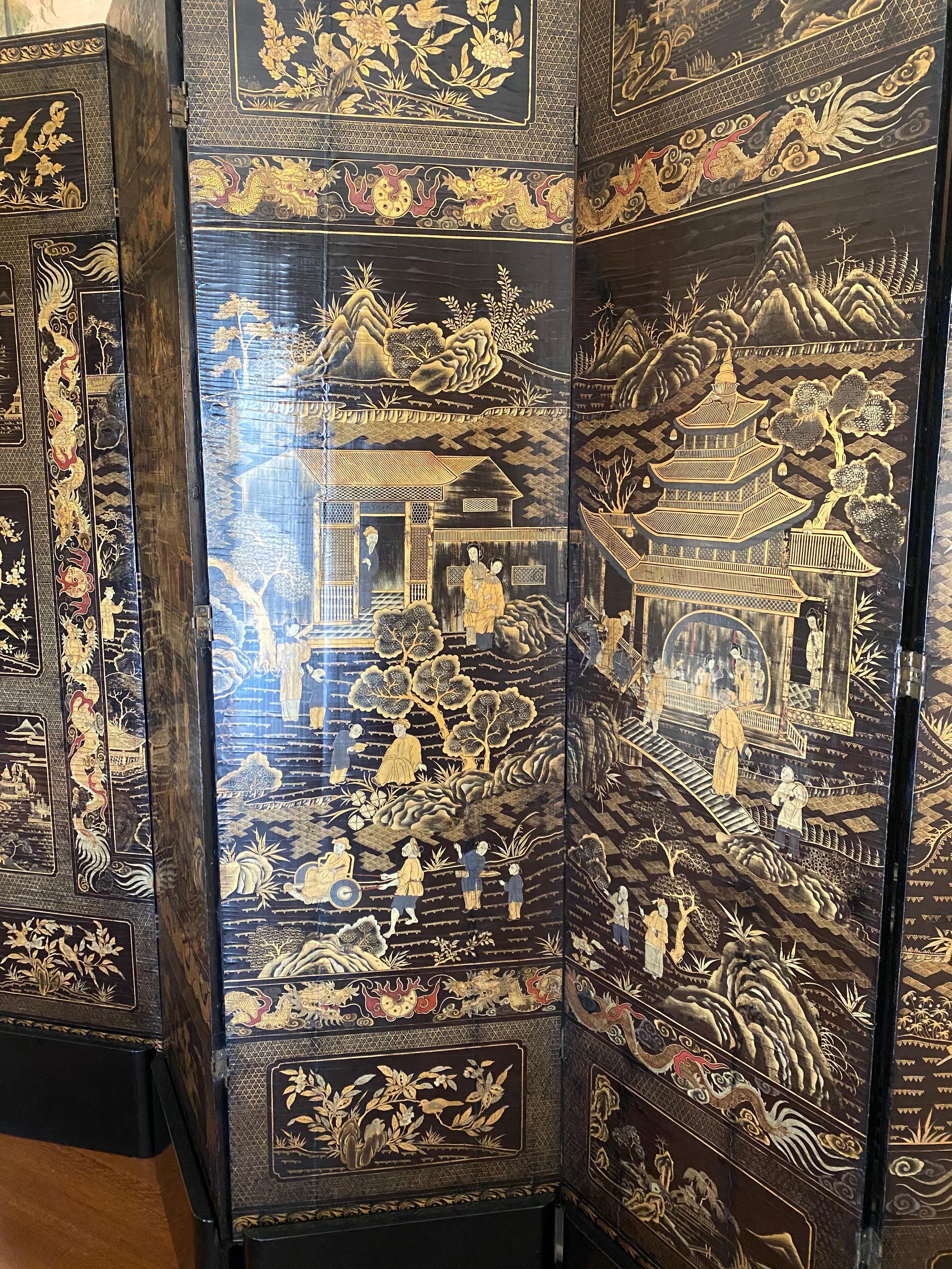 Fine Chinese Export Black and Gilt Lacquered Eight-Panel Folding Screen 2