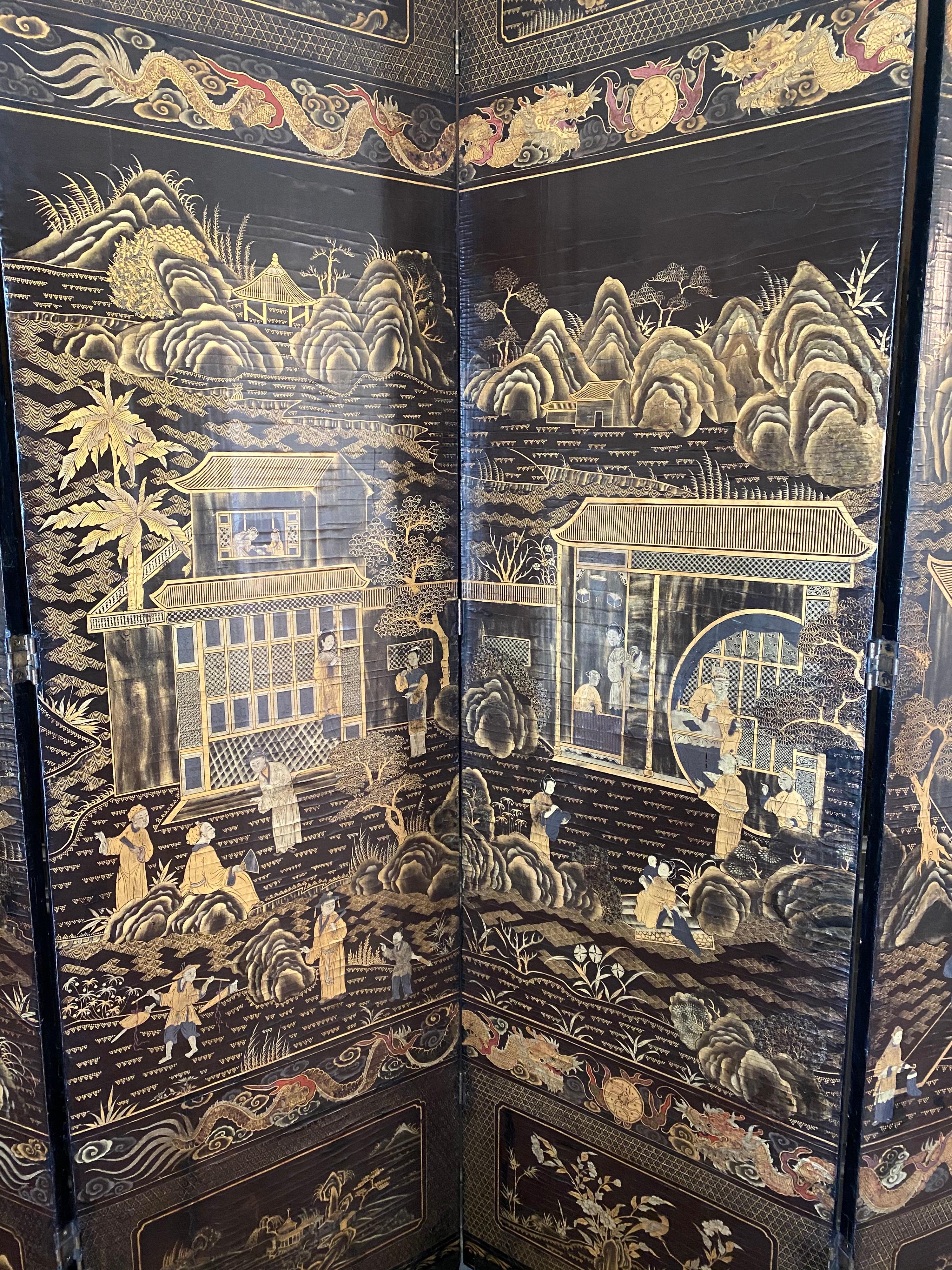 Fine Chinese Export Black and Gilt Lacquered Eight-Panel Folding Screen 3
