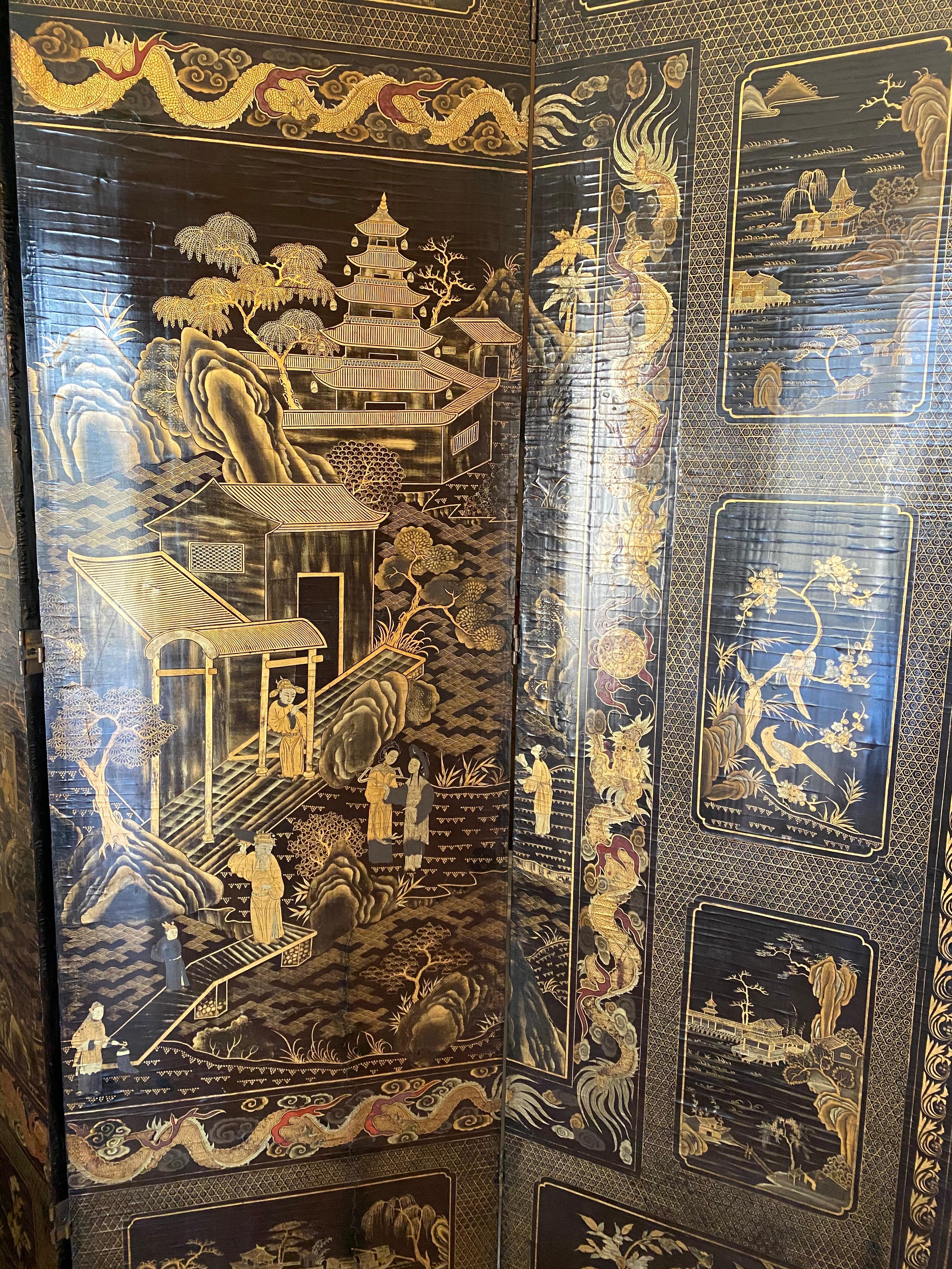 Fine Chinese Export Black and Gilt Lacquered Eight-Panel Folding Screen 4