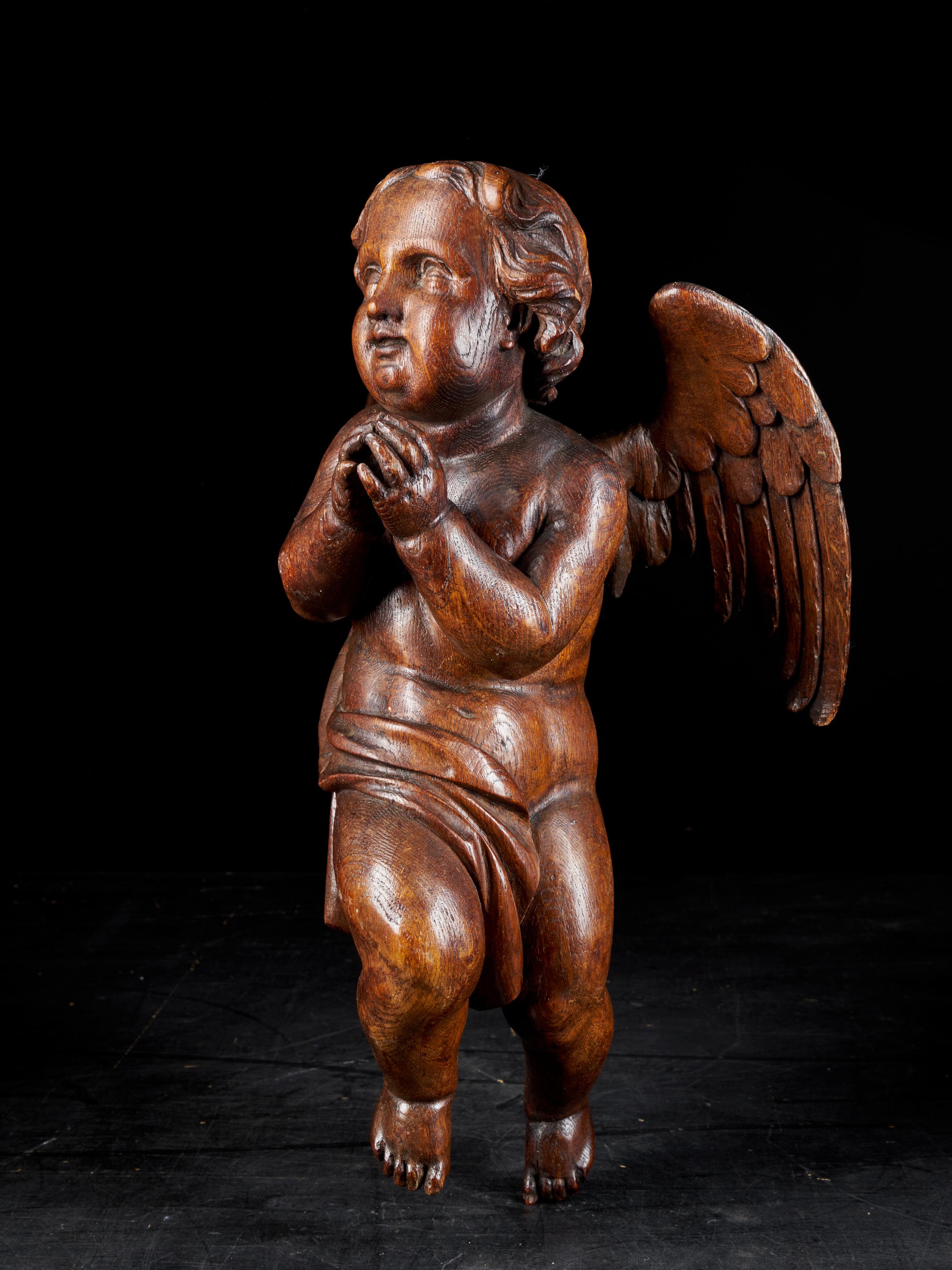 An 18th century Baroque Angel sculpture carved in oakwood. Wonderful details in Angel’s hair and wings. The figure can be hung on the wall and has a very nice age patina.
