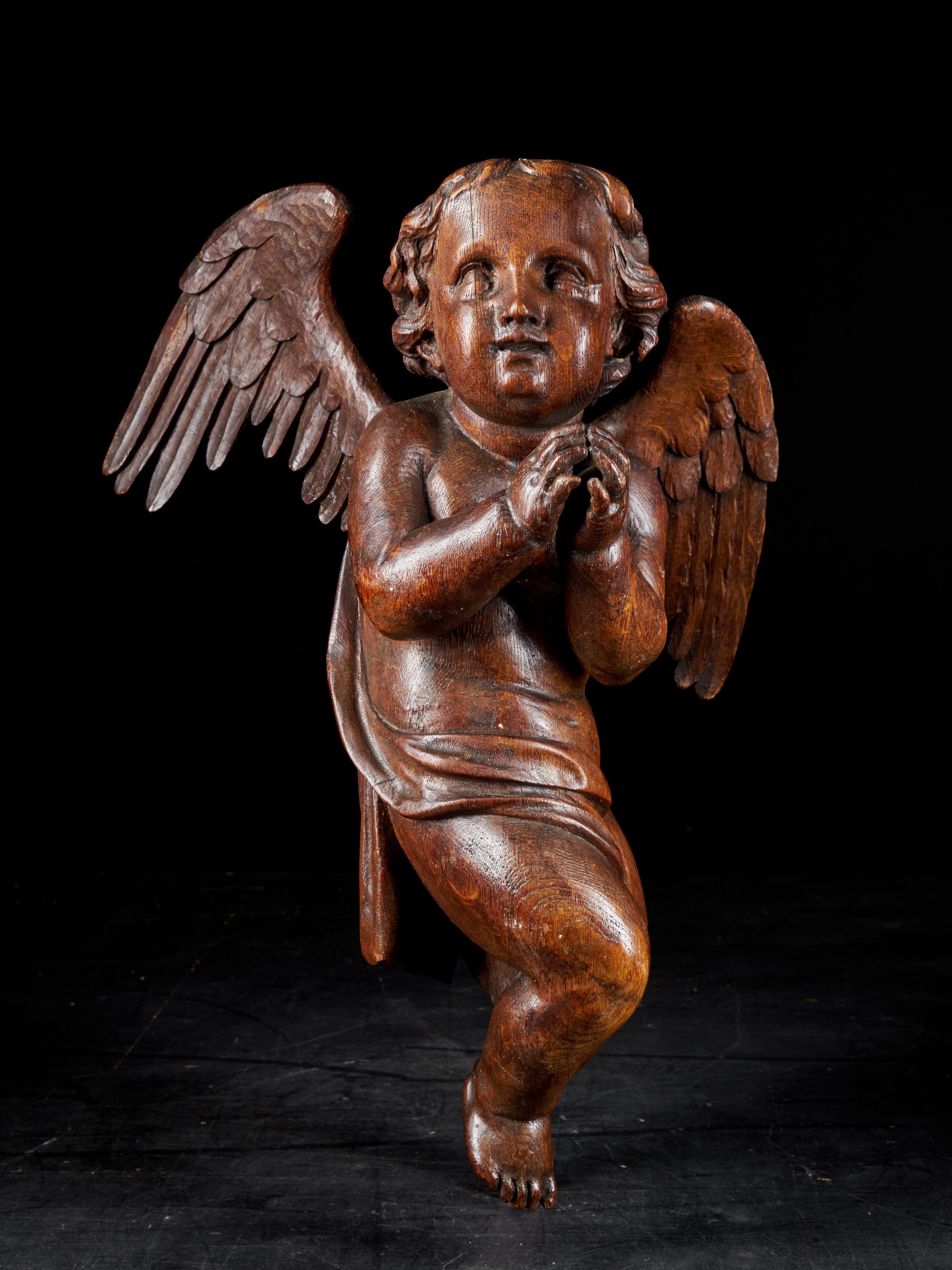 Hand-Carved 18th Century Flemish School, Baroque Angel Sculpture or Butti, Carved in Oak