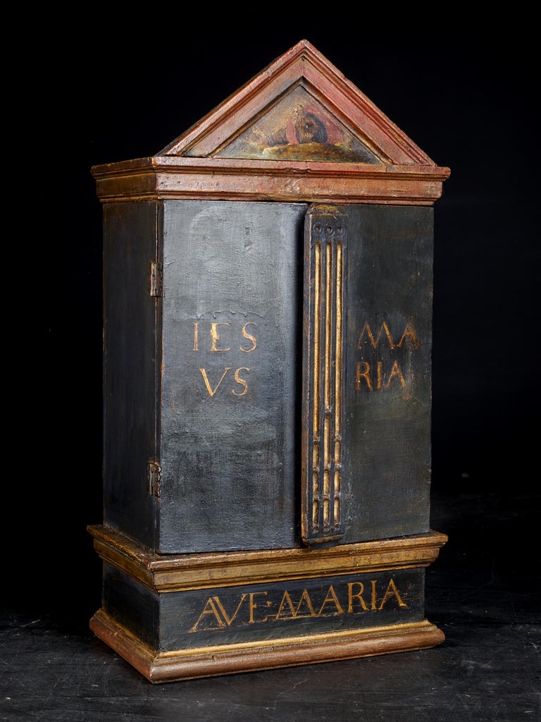 Flemish Small Terracotta Statue in Wooden Reliquary with Decorated