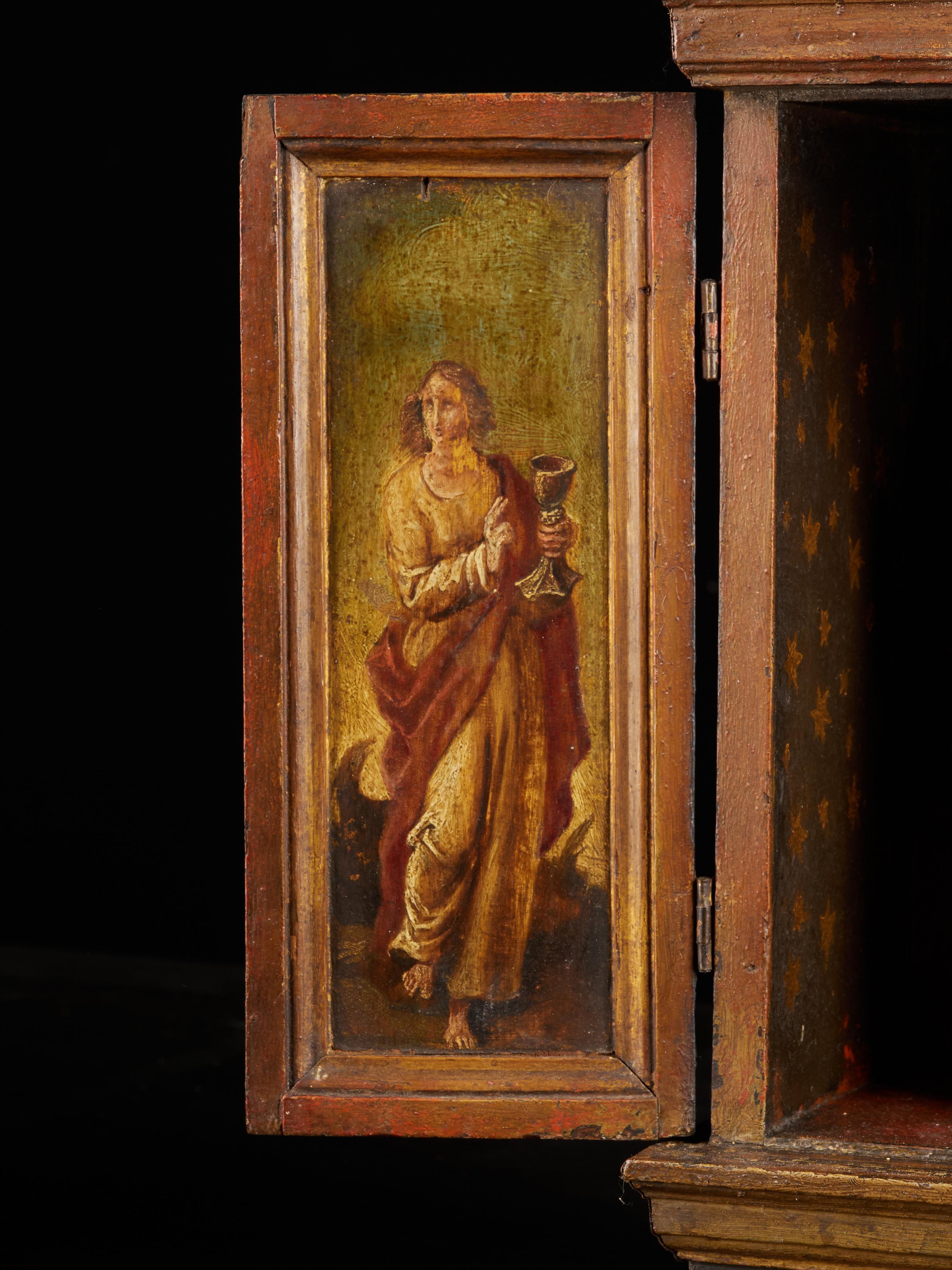 Flemish Small Terracotta Statue in Wooden Reliquary with Decorated Doors 1