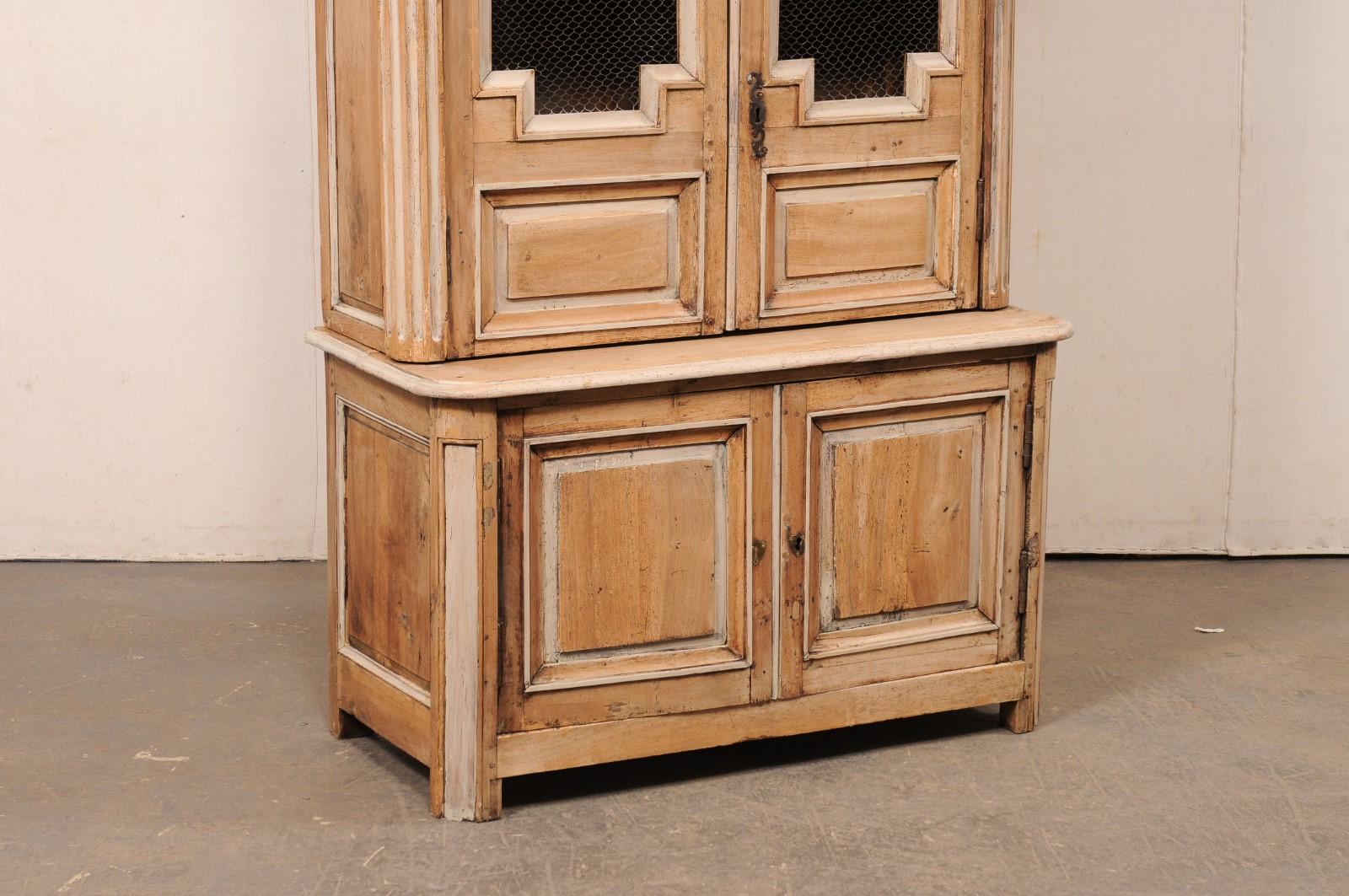 18th C. French Bleached Buffet à Deux-Corps w/Wire-Front Geometric Panel Doors In Good Condition For Sale In Atlanta, GA