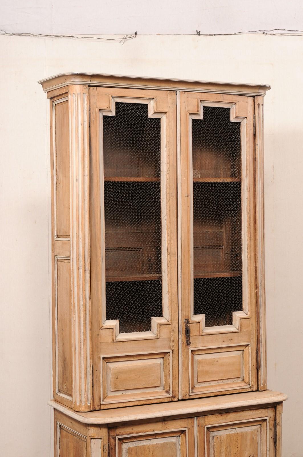 18th Century and Earlier 18th C. French Bleached Buffet à Deux-Corps w/Wire-Front Geometric Panel Doors For Sale