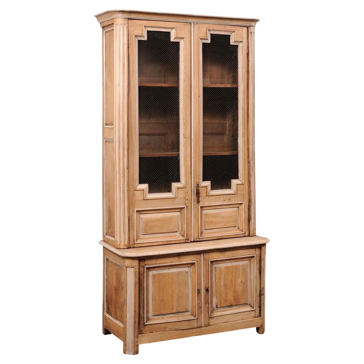 18th C. French Bleached Buffet à Deux-Corps w/Wire-Front Geometric Panel Doors For Sale