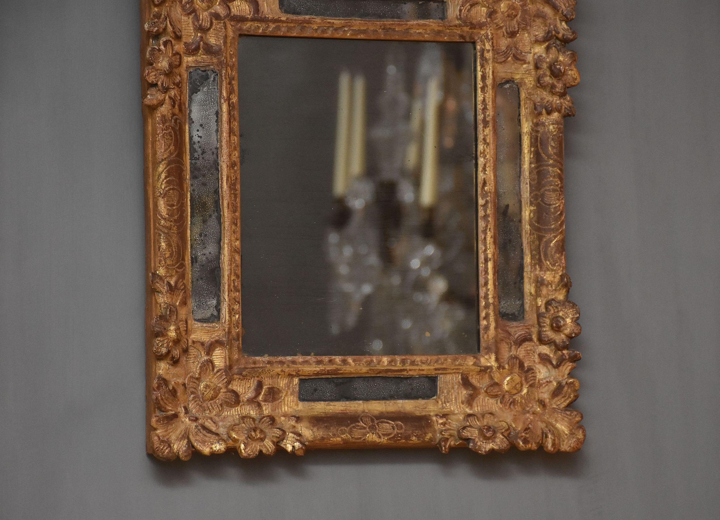 Mercury Glass 18th c. French carved and gilded mirror  For Sale