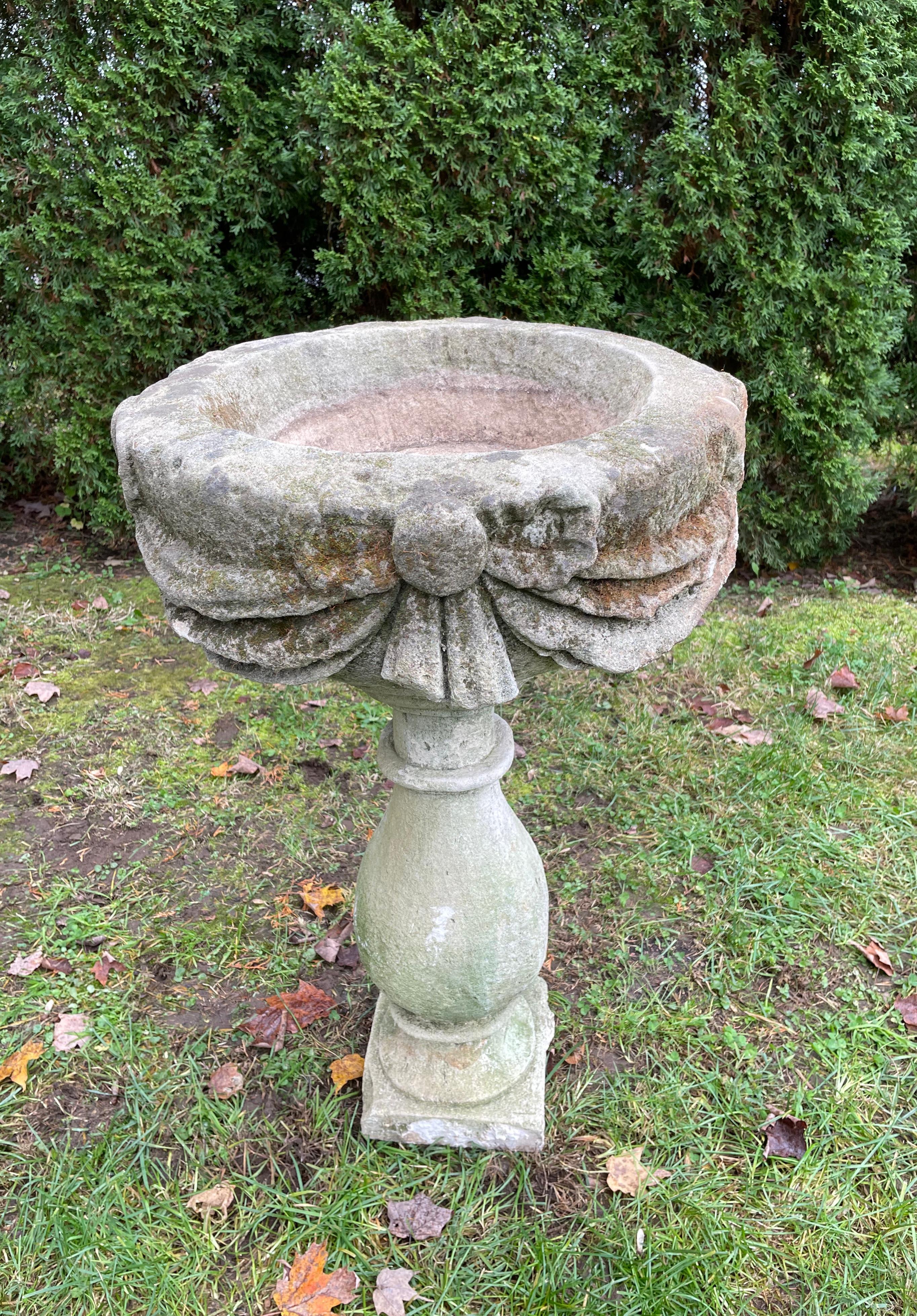 Neoclassical 18th C French Carved Stone Basin on Pedestal/Birdbath/Planter