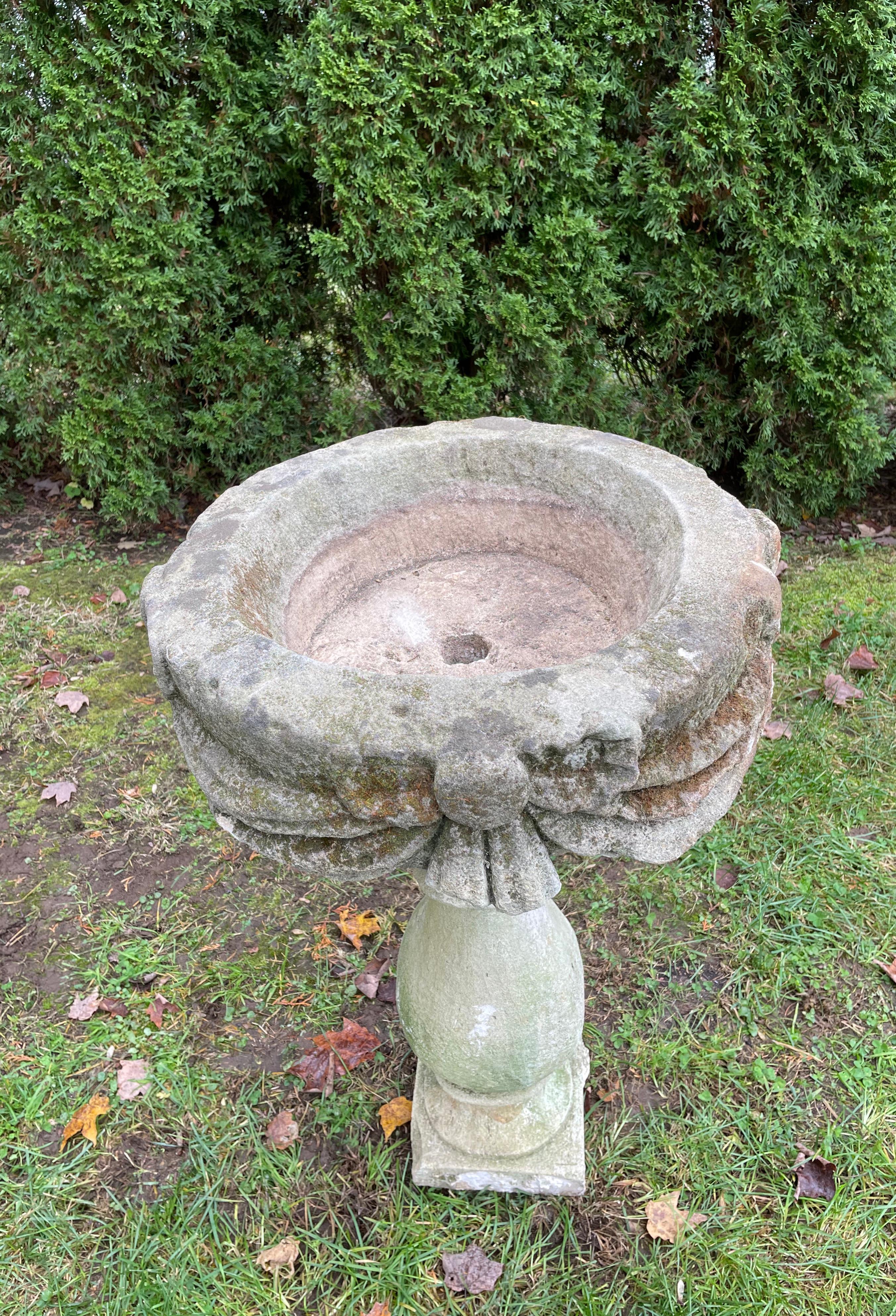 European 18th C French Carved Stone Basin on Pedestal/Birdbath/Planter