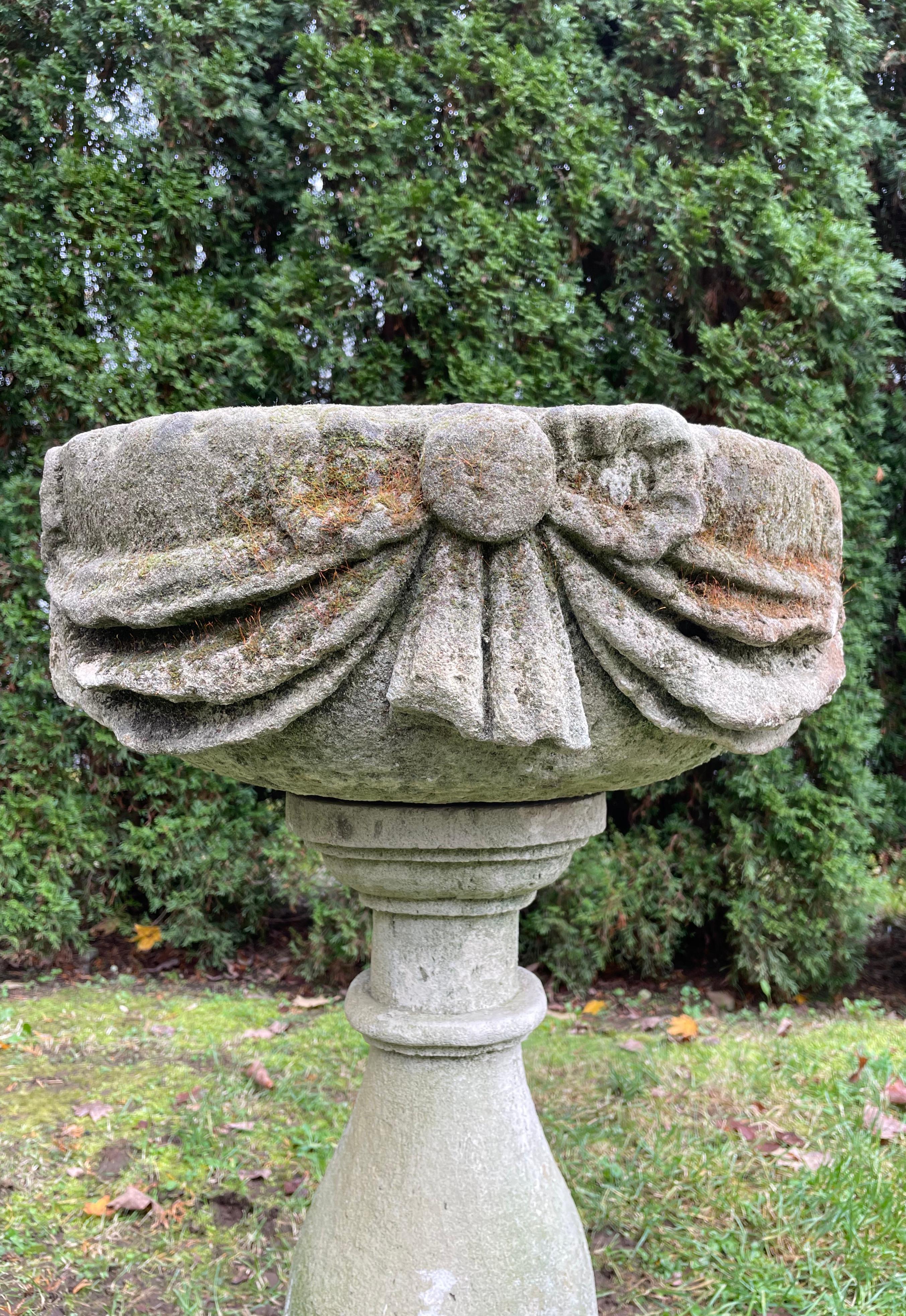18th C French Carved Stone Basin on Pedestal/Birdbath/Planter In Good Condition In Woodbury, CT