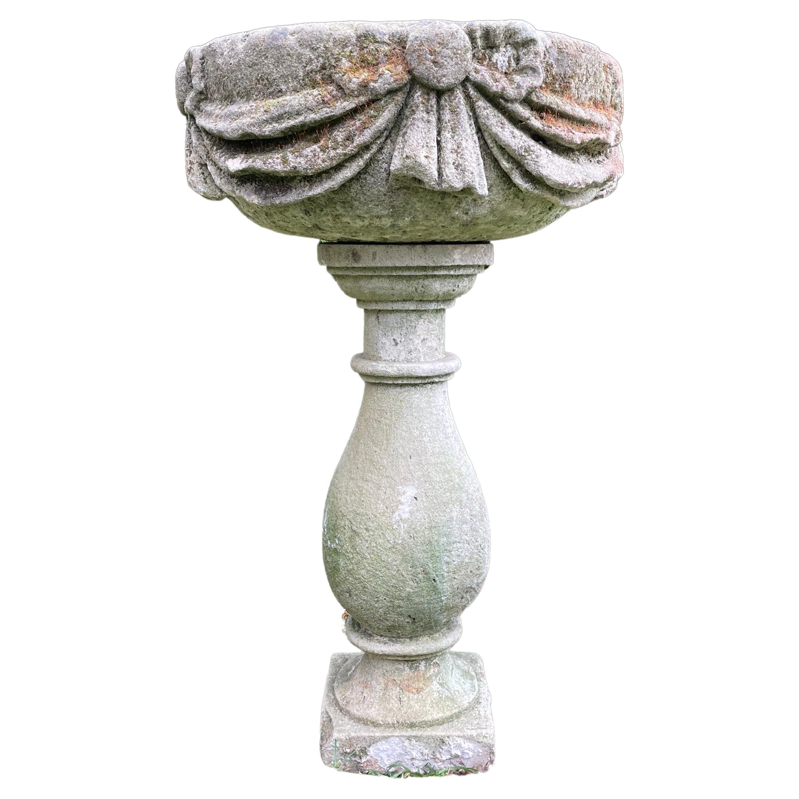 18th C French Carved Stone Basin on Pedestal/Birdbath/Planter