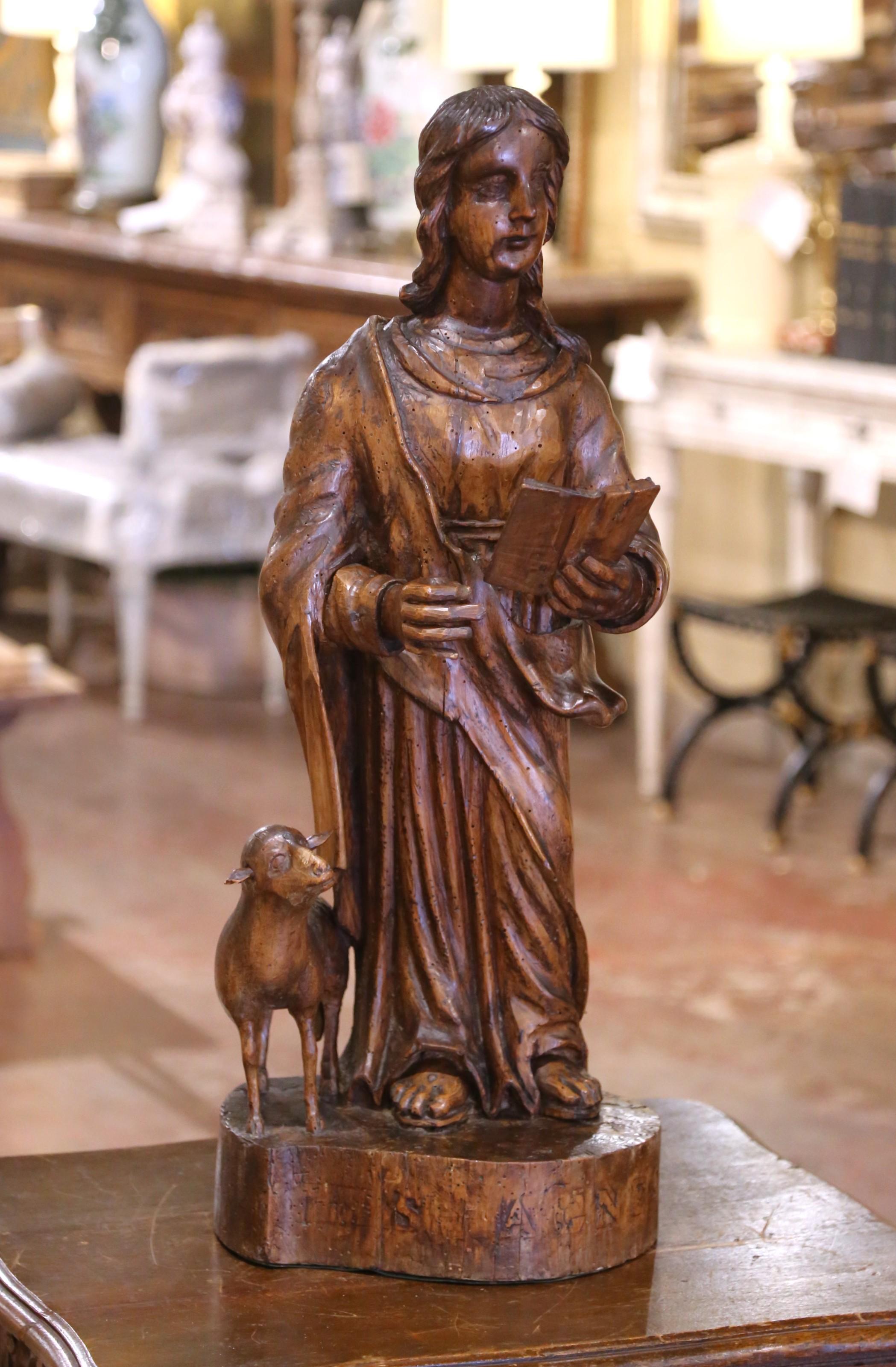 18th C. French Carved Walnut Figure of Saint John the Baptist with Lamb In Excellent Condition For Sale In Dallas, TX
