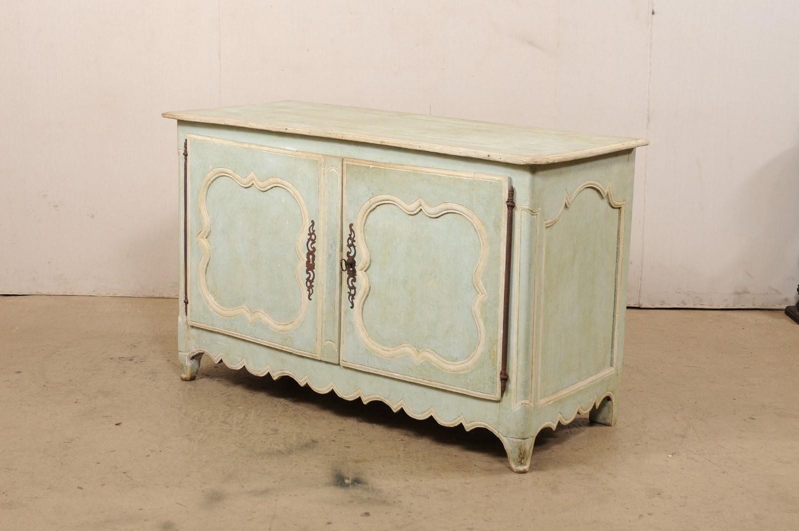 18th C. French Carved-Wood Buffet w/Early Soft Green Paint & Scalloped Skirt For Sale 6