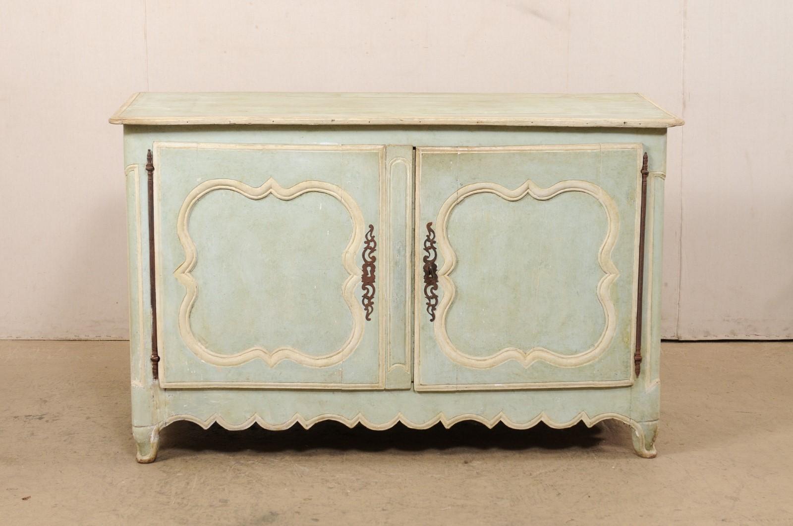 18th C. French Carved-Wood Buffet w/Early Soft Green Paint & Scalloped Skirt For Sale 7
