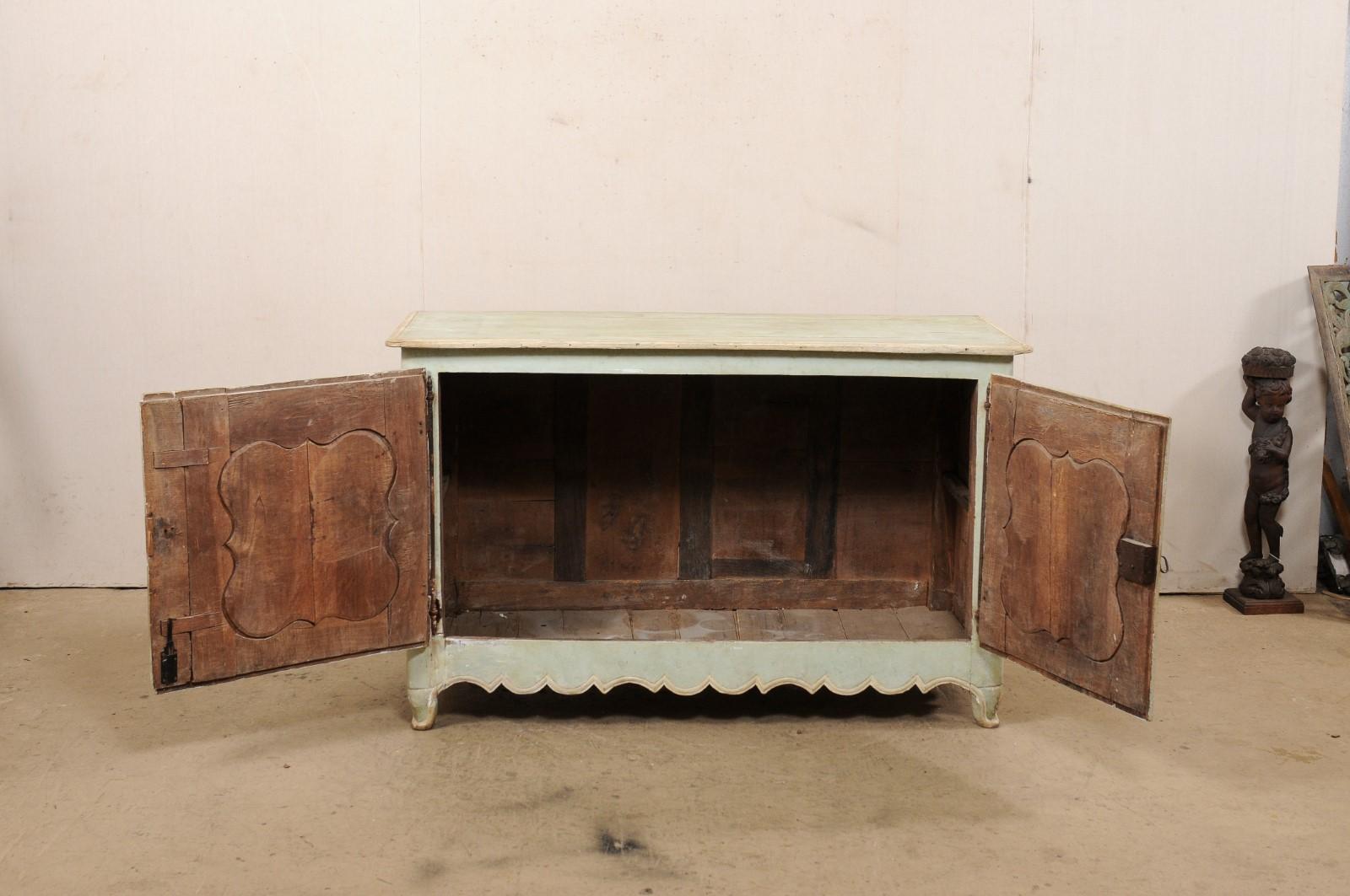 18th C. French Carved-Wood Buffet w/Early Soft Green Paint & Scalloped Skirt For Sale 8