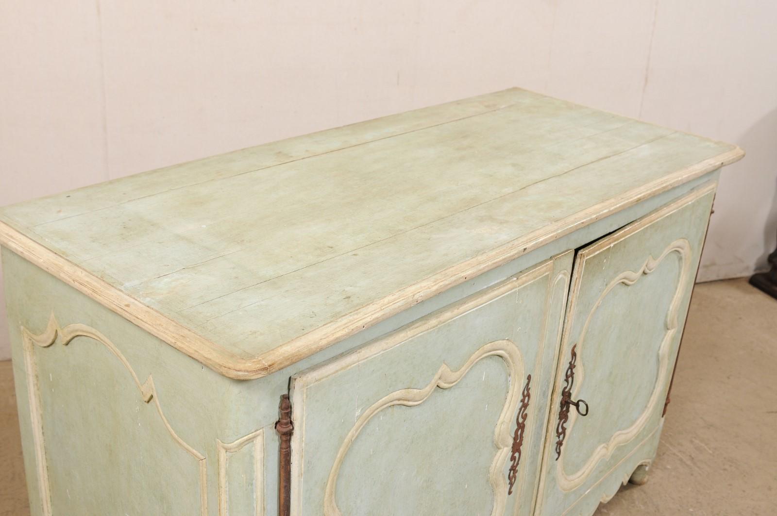18th Century and Earlier 18th C. French Carved-Wood Buffet w/Early Soft Green Paint & Scalloped Skirt For Sale