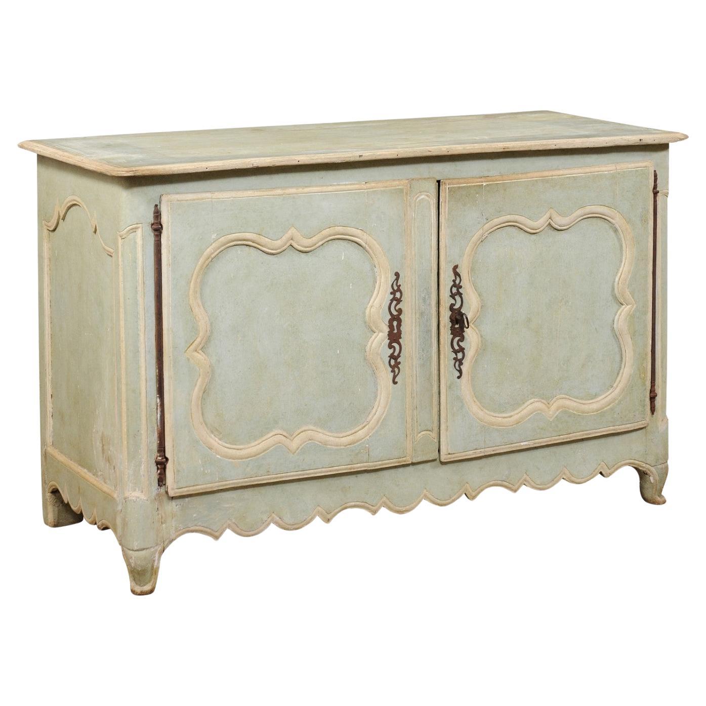 18th C. French Carved-Wood Buffet w/Early Soft Green Paint & Scalloped Skirt