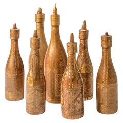 18Th. C French Empire Collection of Rare Straw Marquetry Bottles, Set of 7
